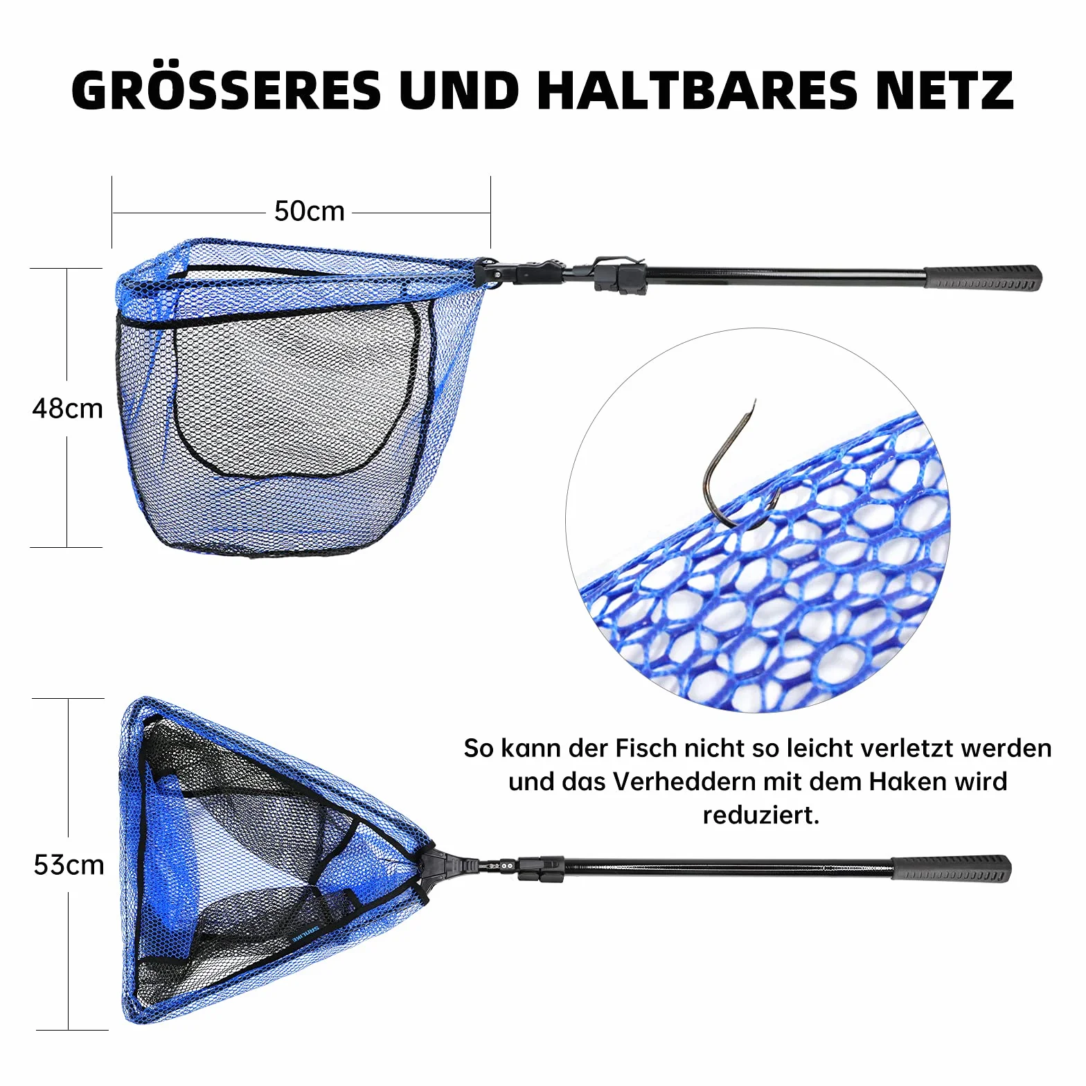 KOMCLUB Red de Pesca Plegable Telescópica 250cm, Red de Nailon Duradera, Redes Recubiertas de Goma, Sacaderas de Pesca Accesorios de Ppesca para Adultos, Azul