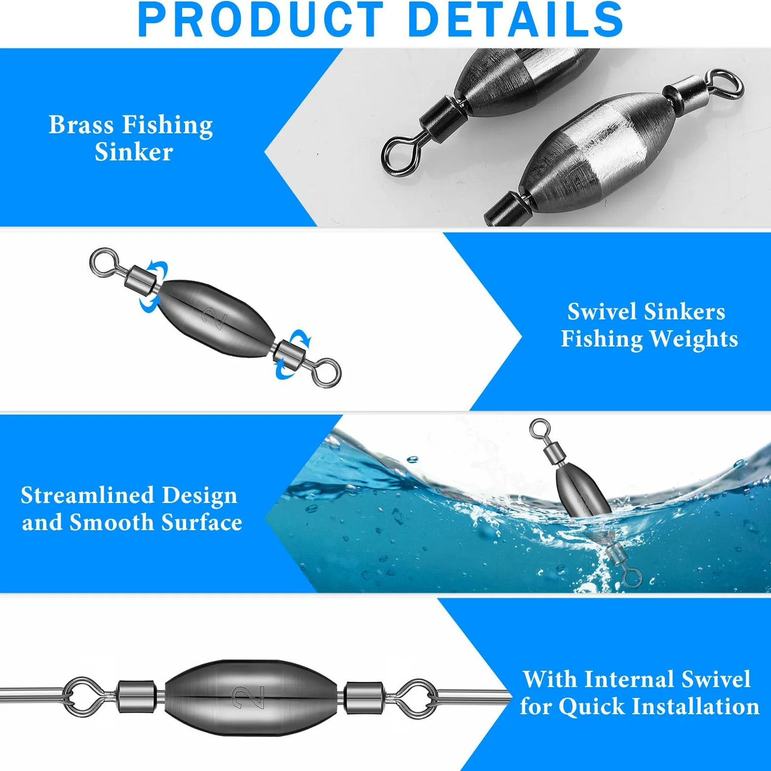Seenelling 20 piezas de plomos de pesca giratorios de latón para agua salada, plomos de bala de agua salada, plomos de huevo con rodillo giratorio extraíble agua dulce