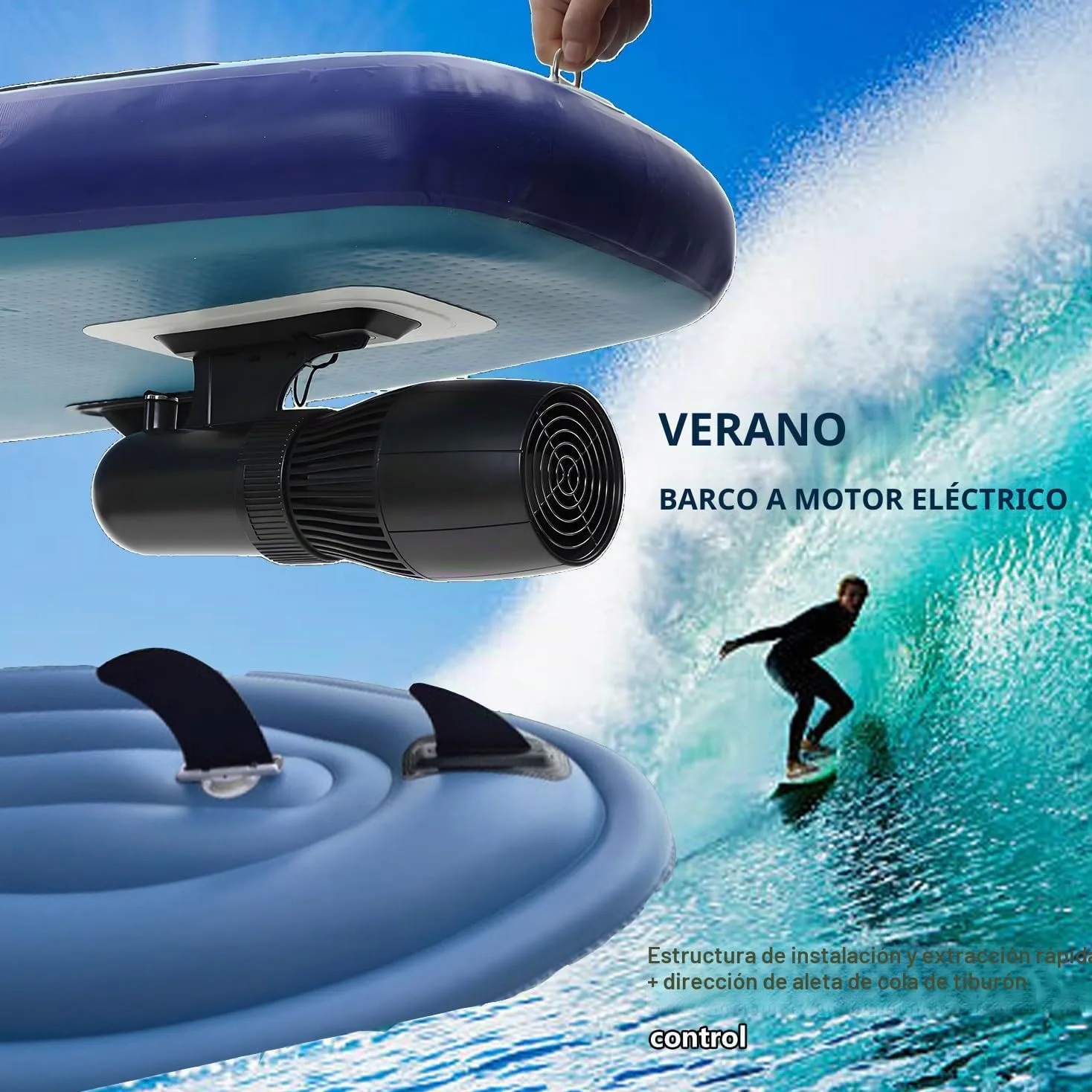 Moto acuática inflable eléctrica, kit de bote combinado inflable con motor SUP, propulsor a control remoto, bolsa de almacenamiento para asa y propulsor, capacidad máxima de 330 lb,500W10A