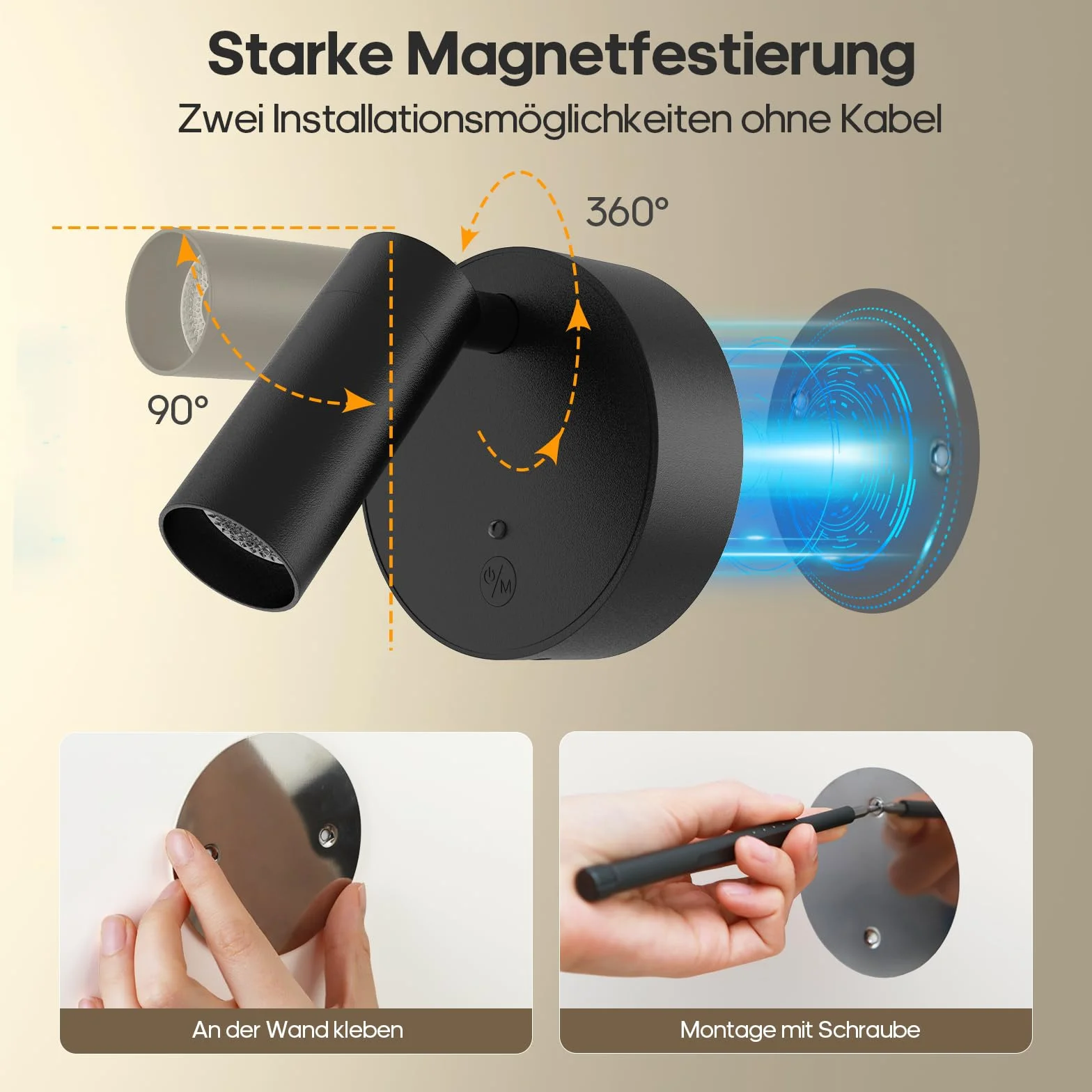 Foco de pared inalámbrico recargable 3000 mAh 3 colores regulable mando a distancia negro