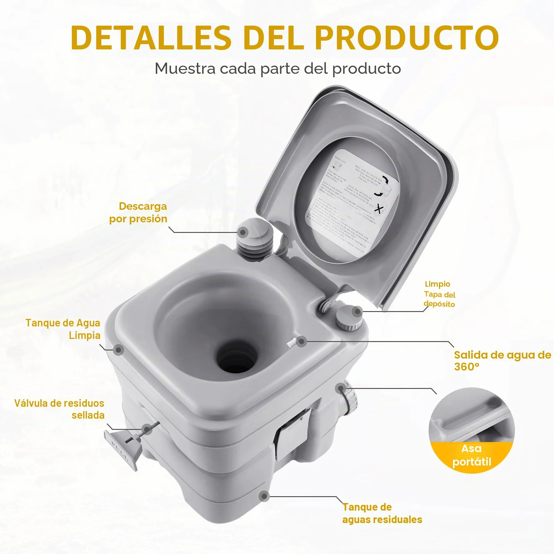 Samger 20L Inodoro Portatil, Químico Baño WC con Tapa de Inodoro, Desmontable Inodoro, Extraíble Químico Carga Máxima de 130kg para Autocaravana Camping RV