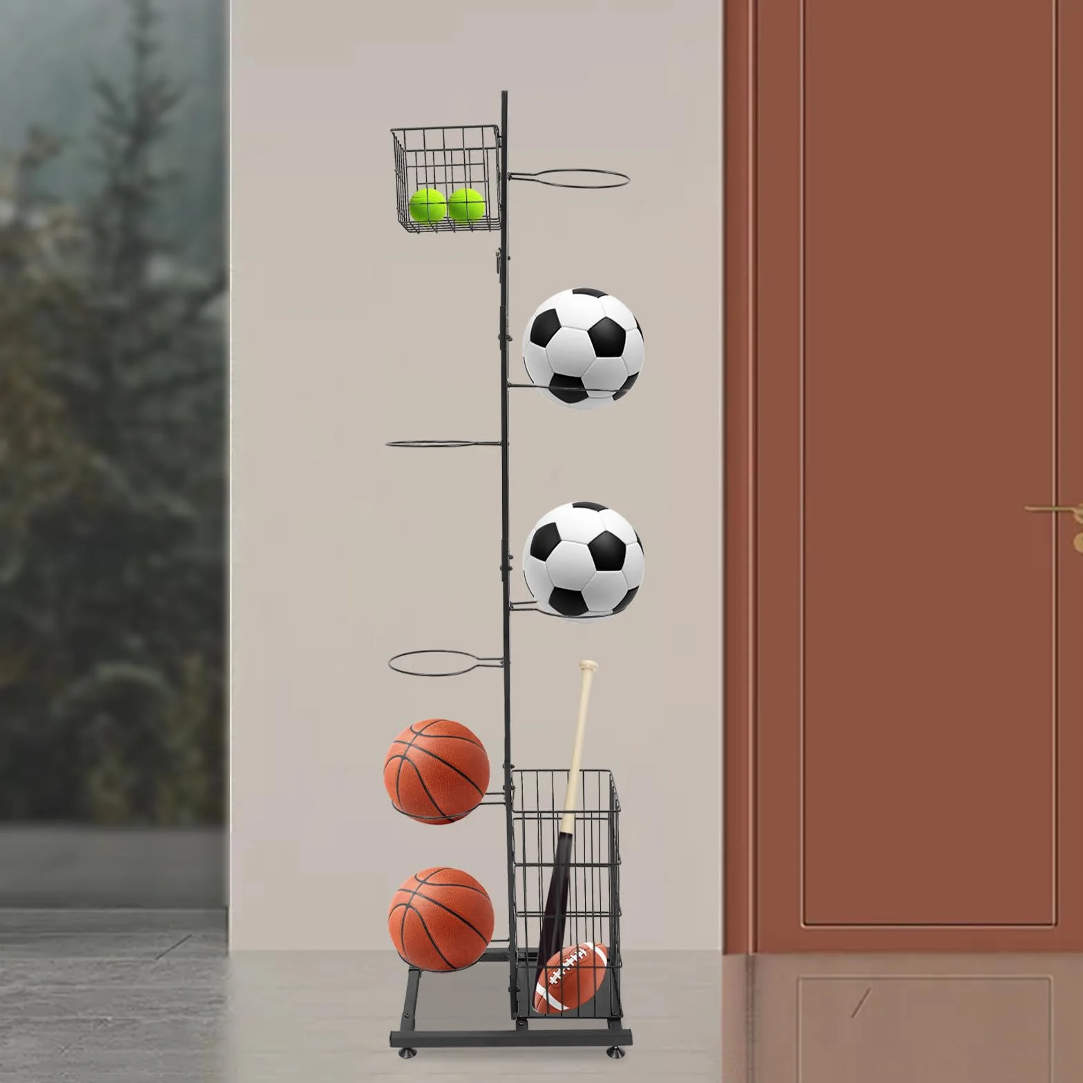 Soporte para pelotas vertical 5 soportes 2 cestas estantería exhibición fútbol voleibol baloncesto 41x28x156 cm