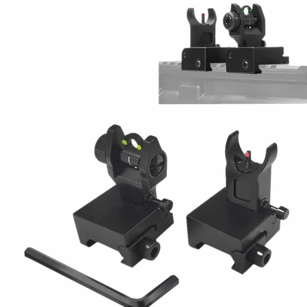 FIRECLUB Tactical Front and Rear Folding Flip up Iron Sights for Hunting (Black with glass fibre)