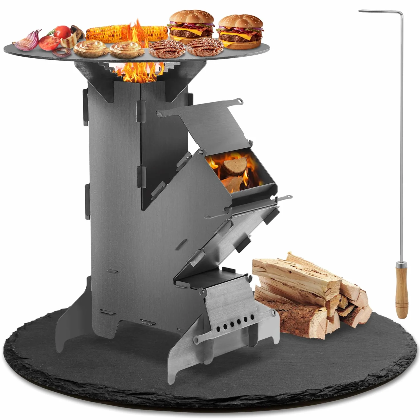 Eulenke Horno de cohetes con placa de parrilla y gancho para fuego, sistema de conexión Rocket Stove de acero de 3 mm de grosor, estufa de cohetes, estufa de leña, estufa de camping, estufa de cañón