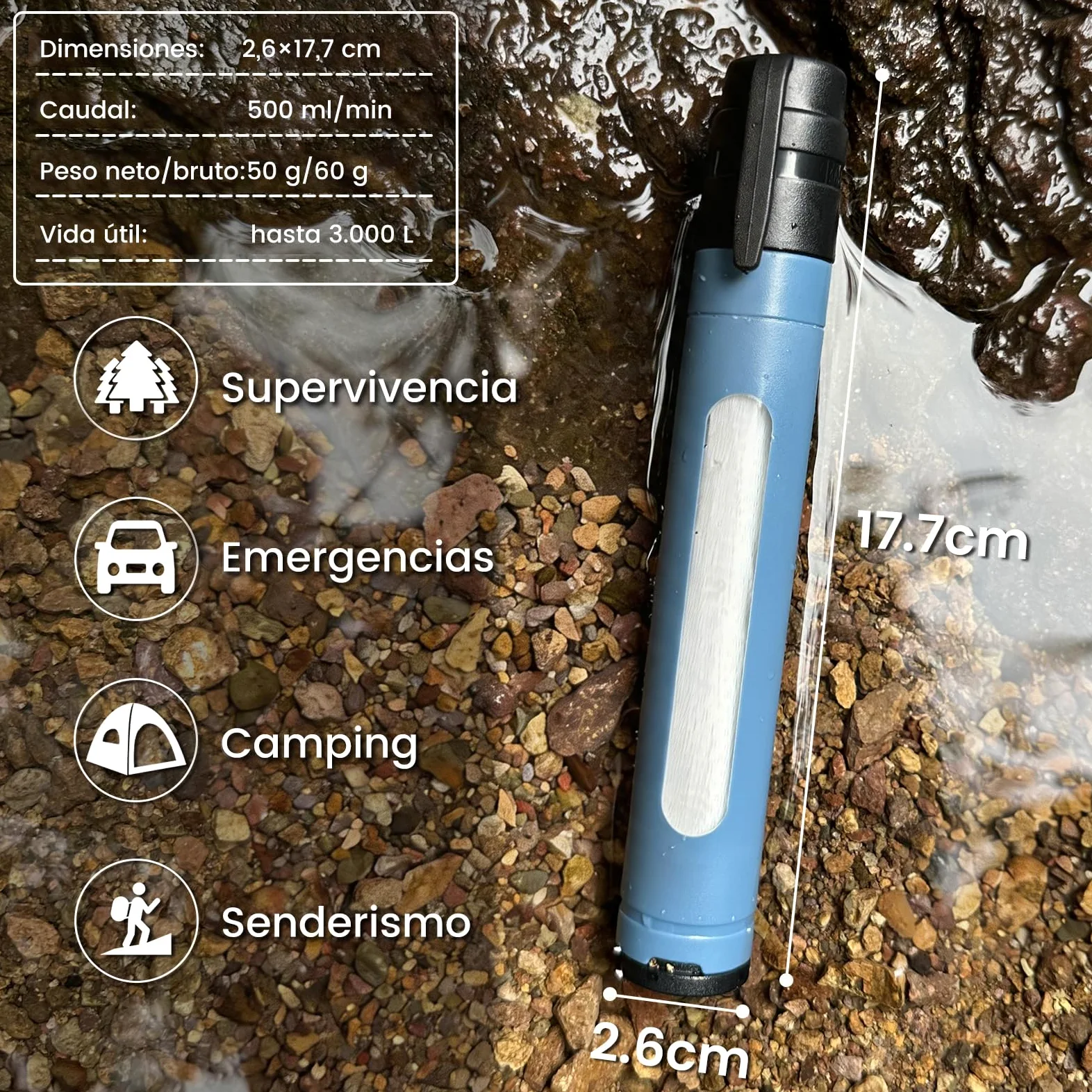 Filtro de Agua Portátil de 0.01µm con Ventana Visible, Purificador para Acampar y Senderismo, Filtro Personal Ligero de 50g para Mochila, Supervivencia y Viajes (Azul 4)