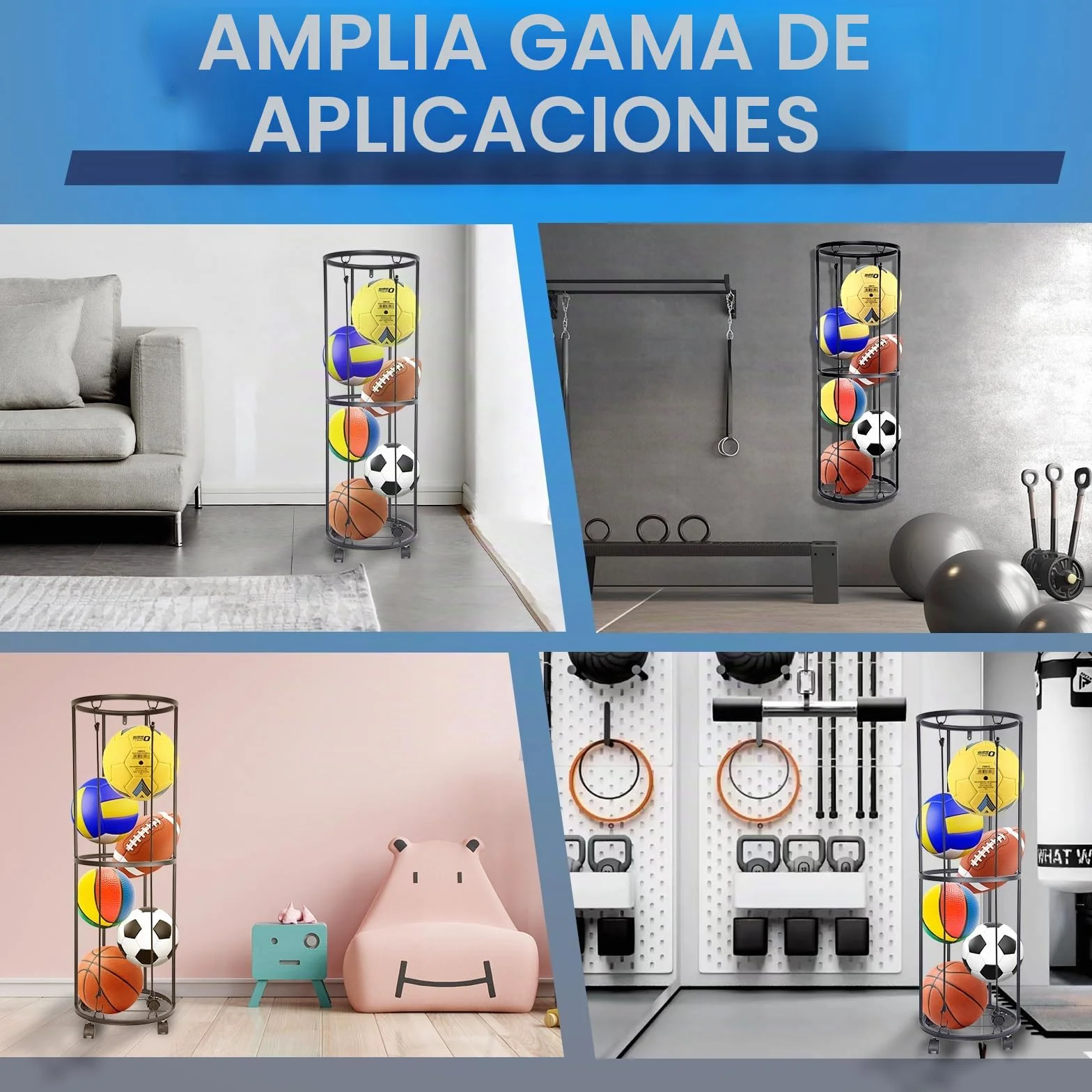 Rack Vertical de balones de 2 Niveles con Ruedas, Estante de Almacenamiento de balones Deportivos, Organizador de Almacenamiento de balones Deportivos para Garaje Que Ahorra Espacio