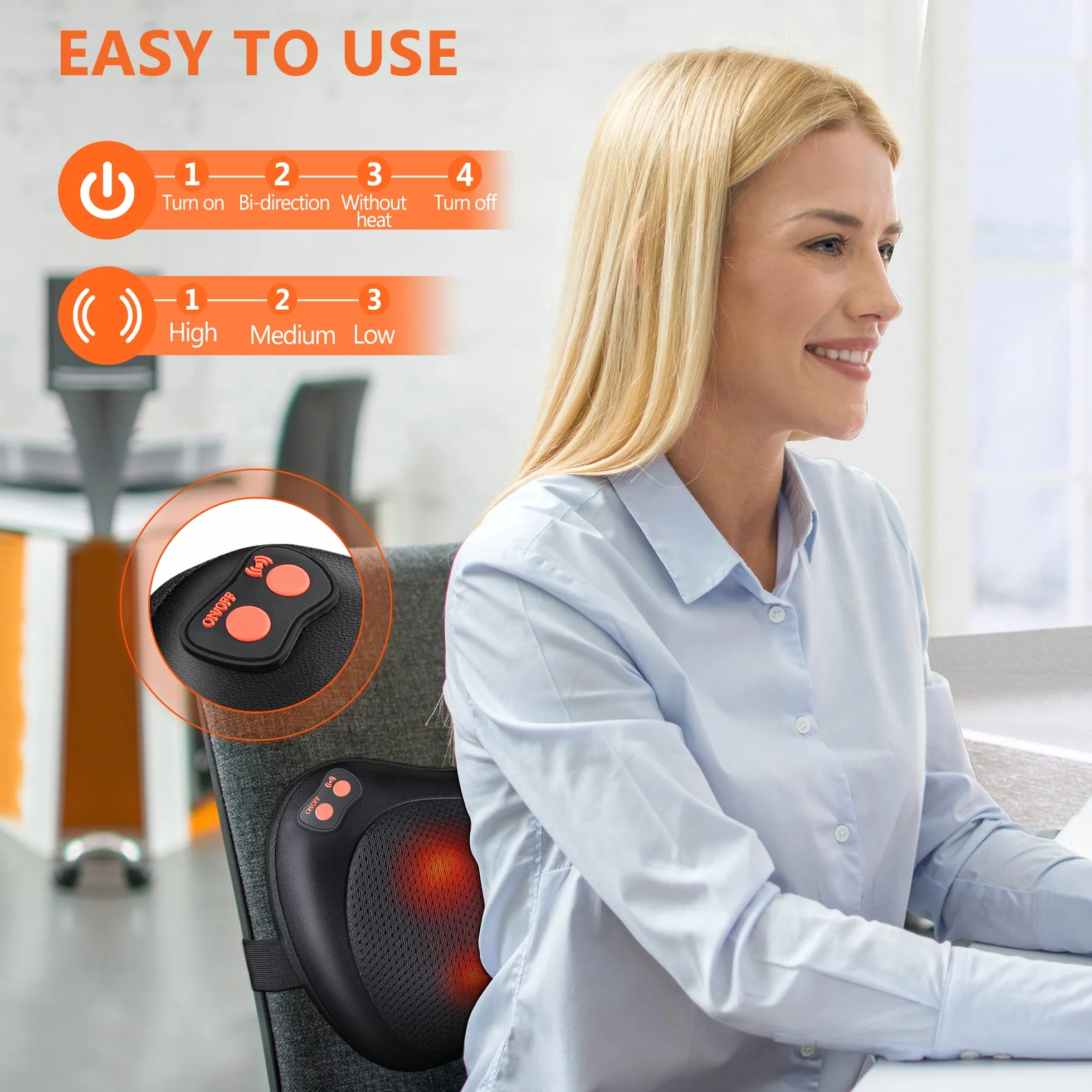 Cojín de Masaje Eléctrico Masajeador Shiatsu 3 Niveles para Cuello Hombros Espalda
