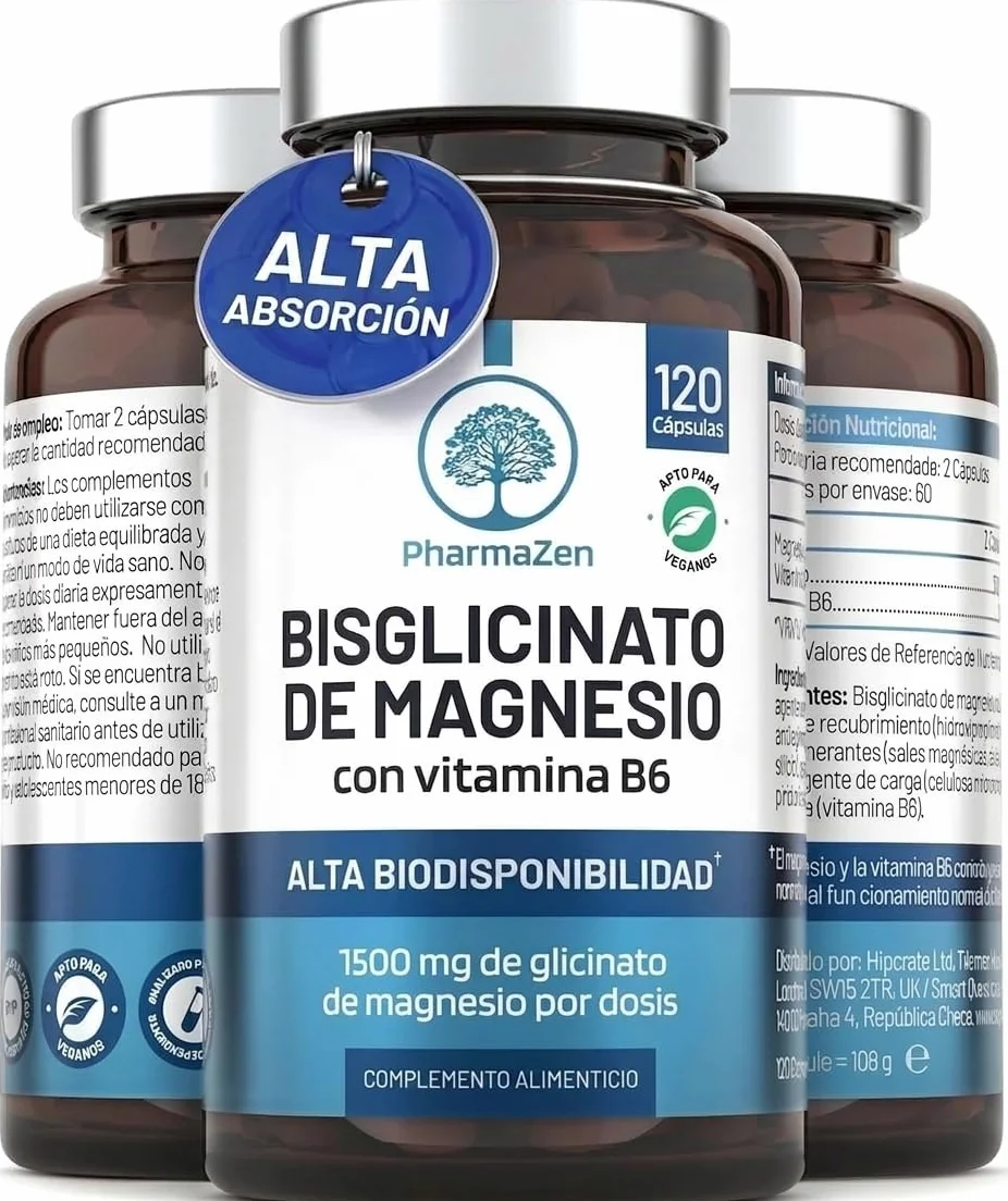 Bisglicinato de Magnesio 1500 mg 300 mg Magnesio Puro con Vitamina B6 Glicinato Quelado 120 Cápsulas Veganas PharmaZen