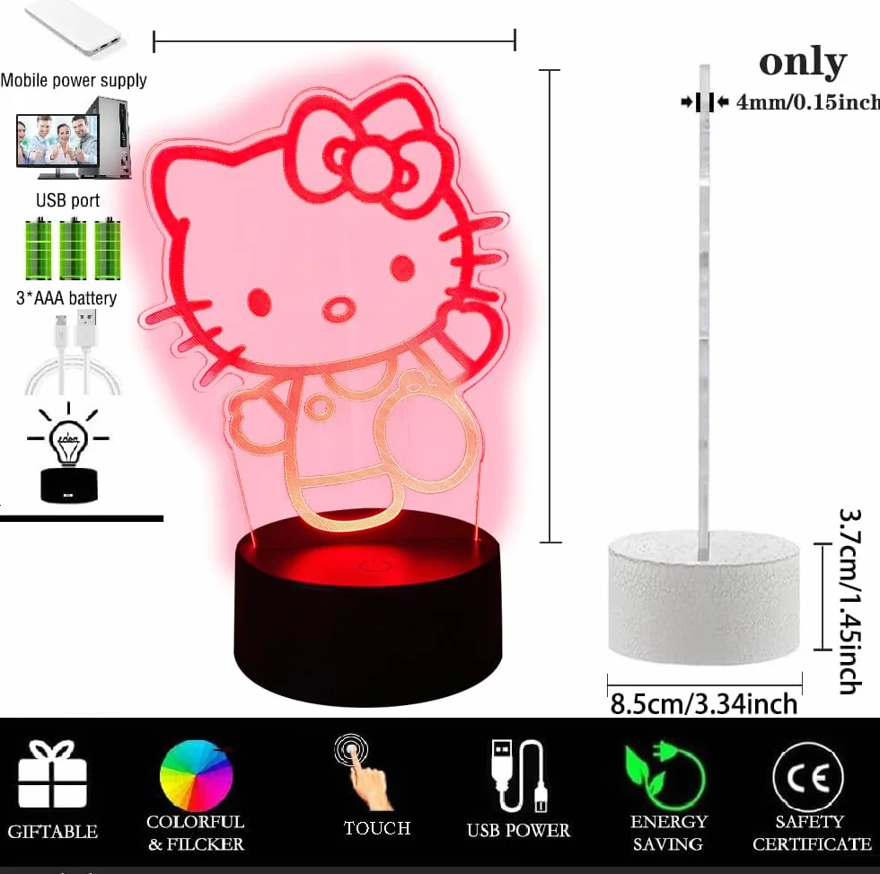 Lámpara Infantil 3D Tridimensional Gato Kitty, Control Táctil Inteligente 7 Colores LED, Accesorio Decorativo