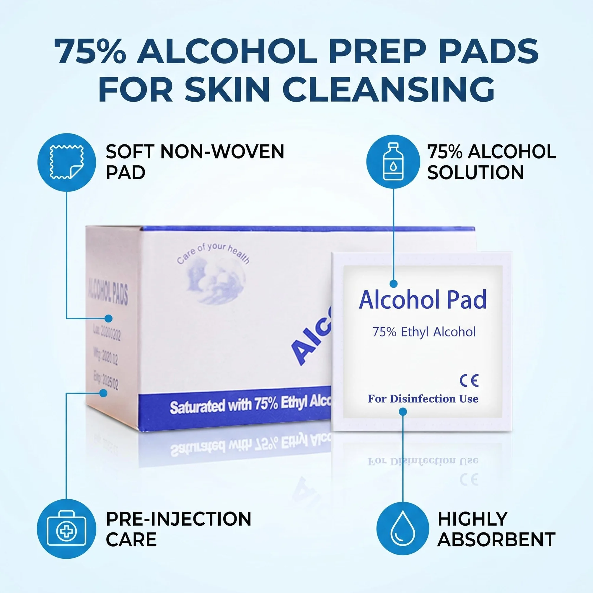 Toallitas de Alcohol 75% 100 Pcs Envueltas Individualmente para Kits Médicos y Primeros Auxilios Hogar