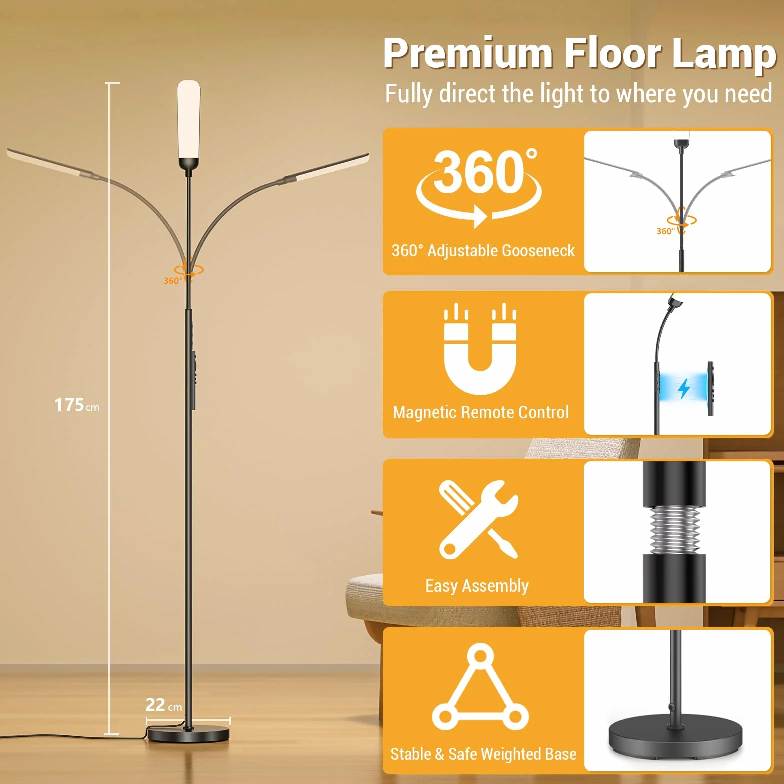 Lámpara de Pie LED Regulable 18W 1200LM Negro con Mando y Control Táctil
