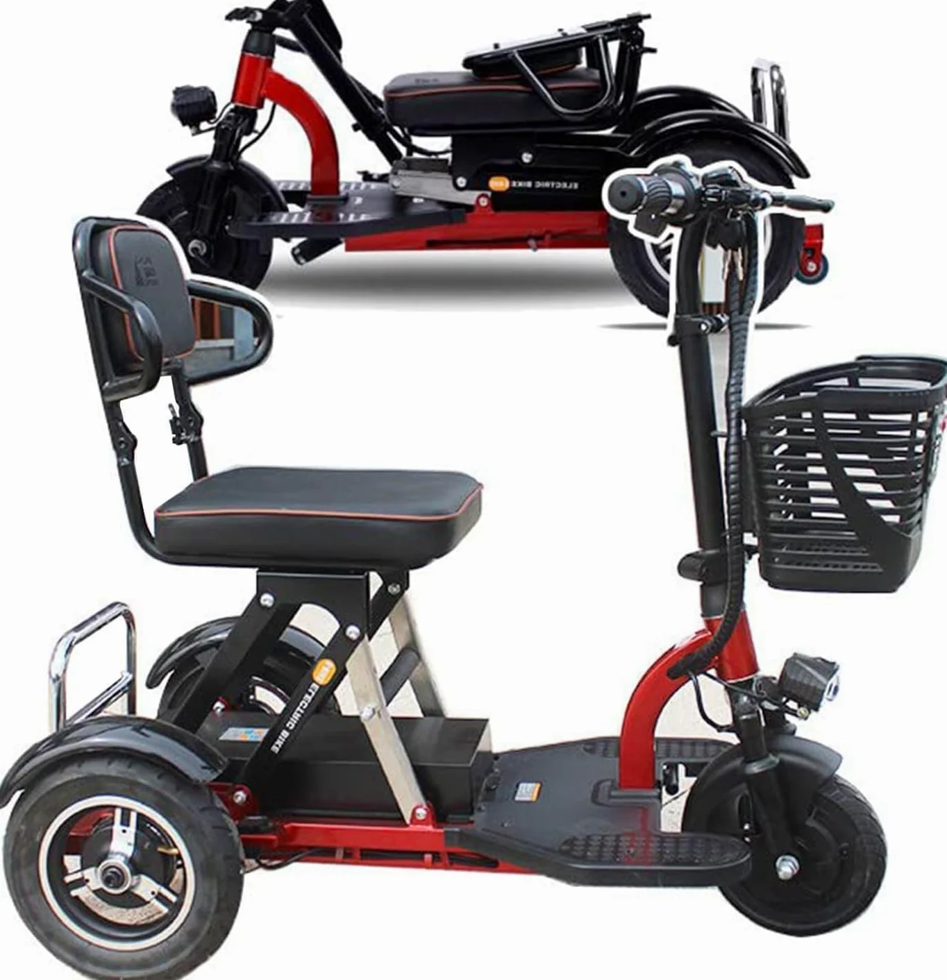 Scooter De Movilidad Eléctrico para Personas Mayores Plegable De 3 Ruedas con Asiento para Pasajero Incluye Cargador, Cesta Scooter De 3 Ruedas para Ascensores y Pasillos