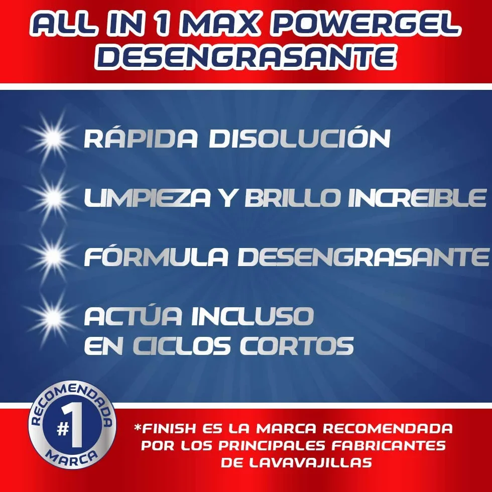 Finish All in 1 Max Power Gel Brillo&Protección, Detergente Gel Lavavajillas, 2 unidades - 70 lavados