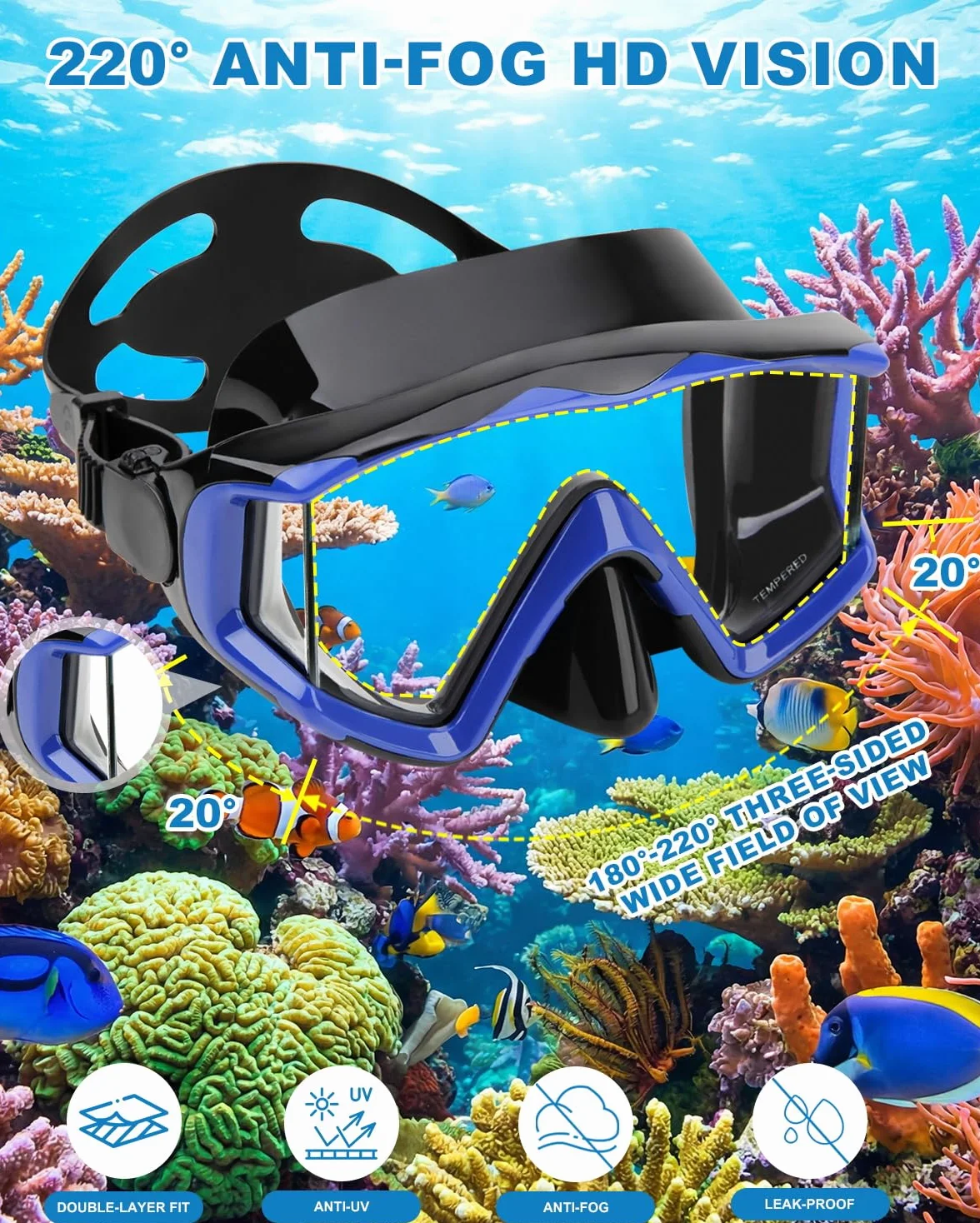 AQUA A DIVE SPORTS Máscara de buceo antivaho para adultos - Azul