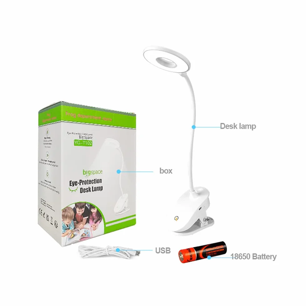 Lámpara de lectura con clip, recargable USB, 3 niveles de brillo