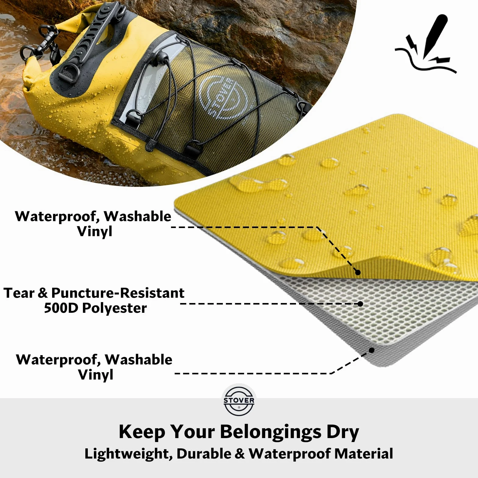 STOVER Bolsa seca impermeable de 25/30/40/55 L, mochila seca resistente con parte superior enrollable para kayak, canotaje, camping, hombres y mujeres, 25 l+ amarillo, 25L, Bolsa seca