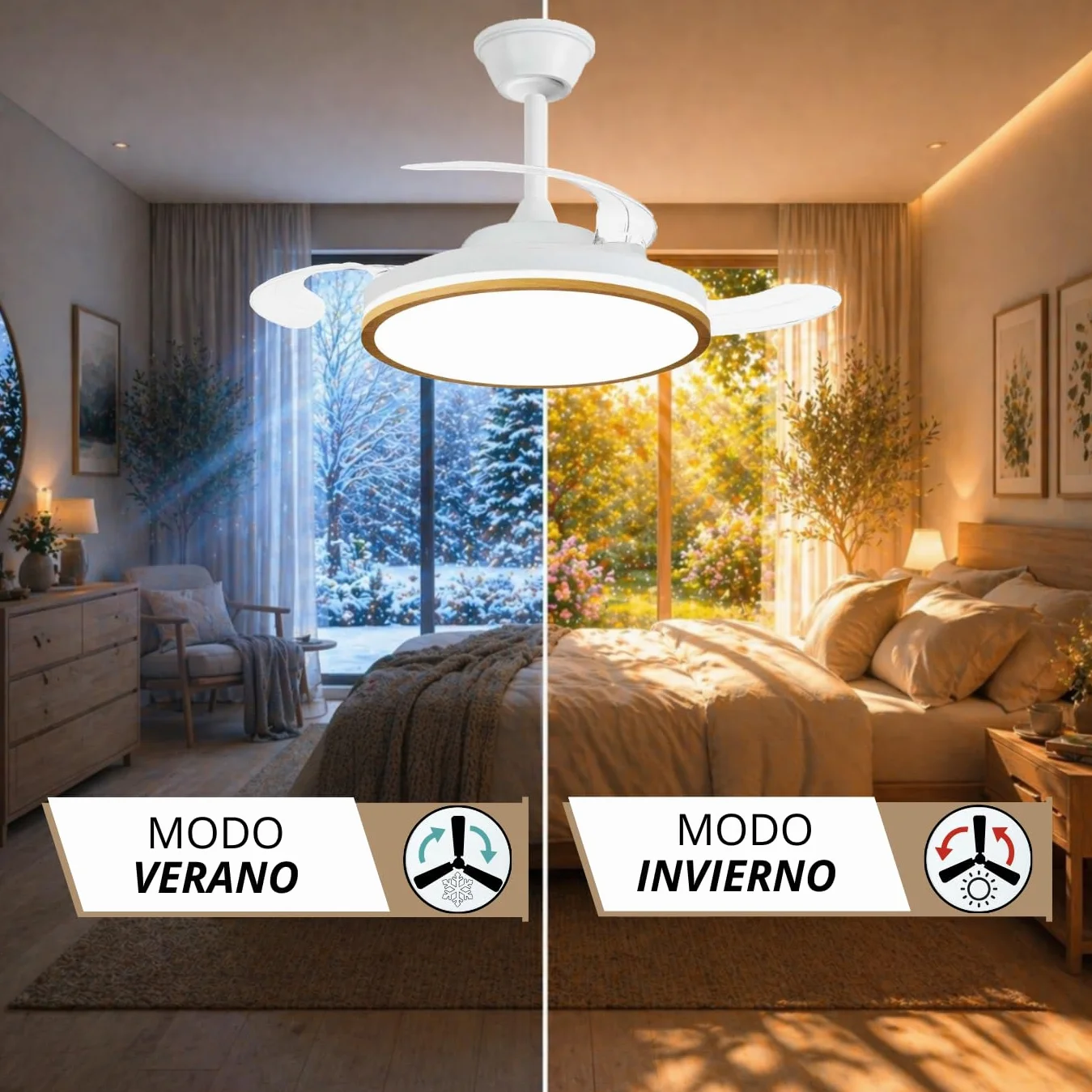 NARVI MORAIRA Ventilador de Techo Madera Roble con Luz LED Regulable, Motor DC Silencioso, 3 Aspas Retráctiles, Función Invierno Verano