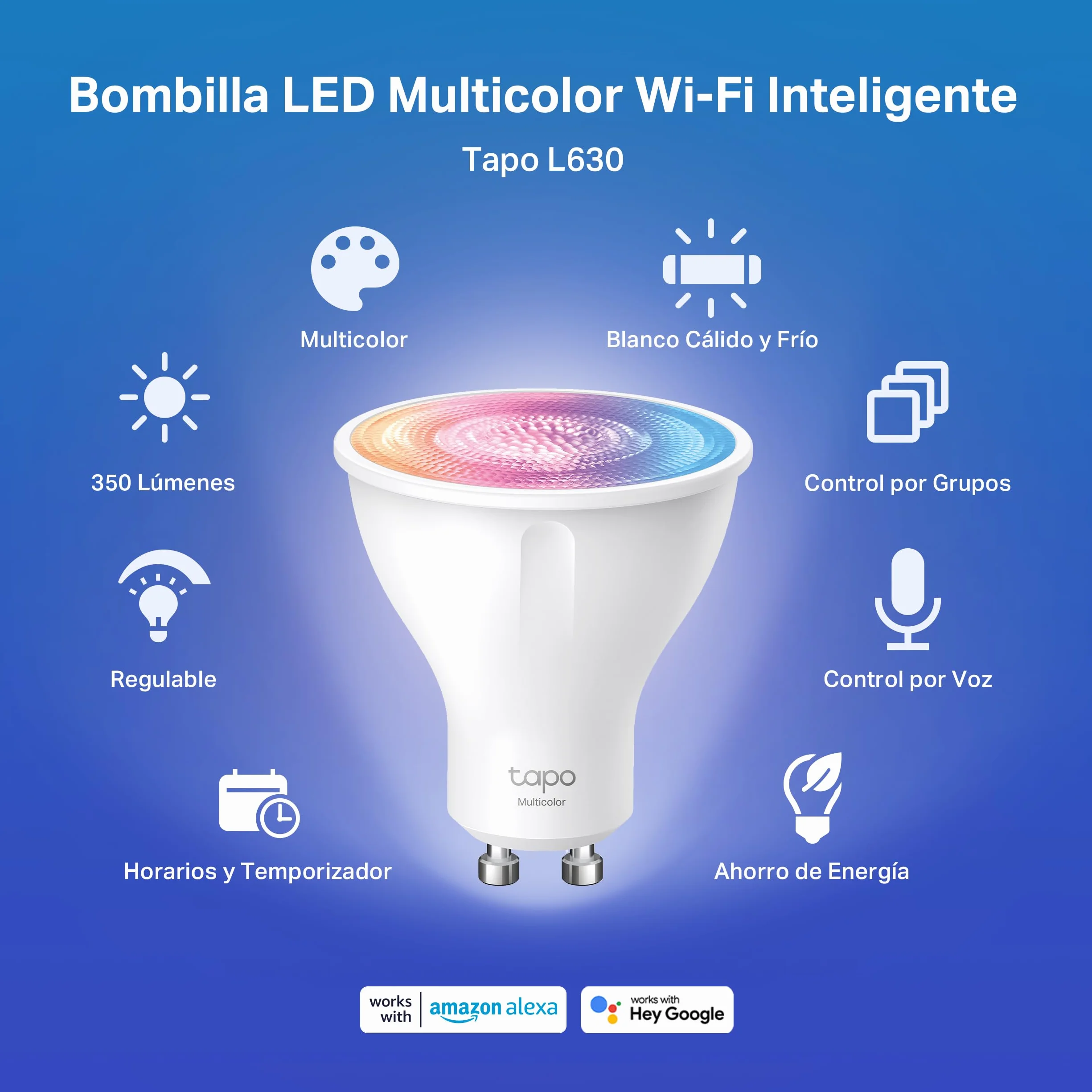 Tapo L630 GU10 Bombilla LED inteligente Wi-Fi RGBW multicolor 16 millones de colores compatible con Amazon Alexa 350 lúmenes 3.7W 2 unidades