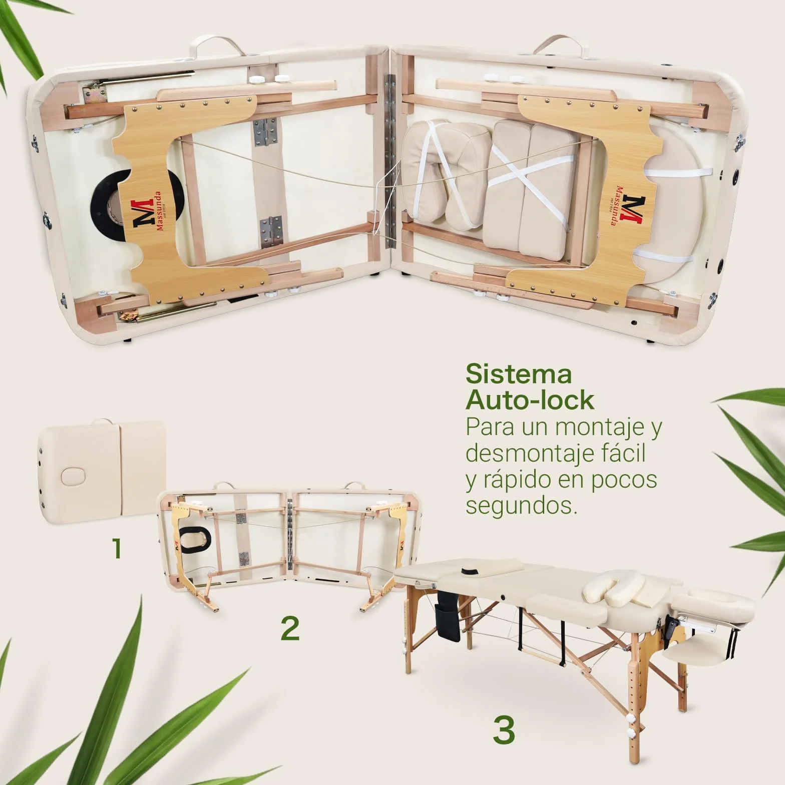 MASSUNDA Tumbona de Masaje Plegable Madera Maciza Altura Regulable Mesa Cosmética Móvil Funda Rizo Reposabrazos Respaldo Cojín Cervical