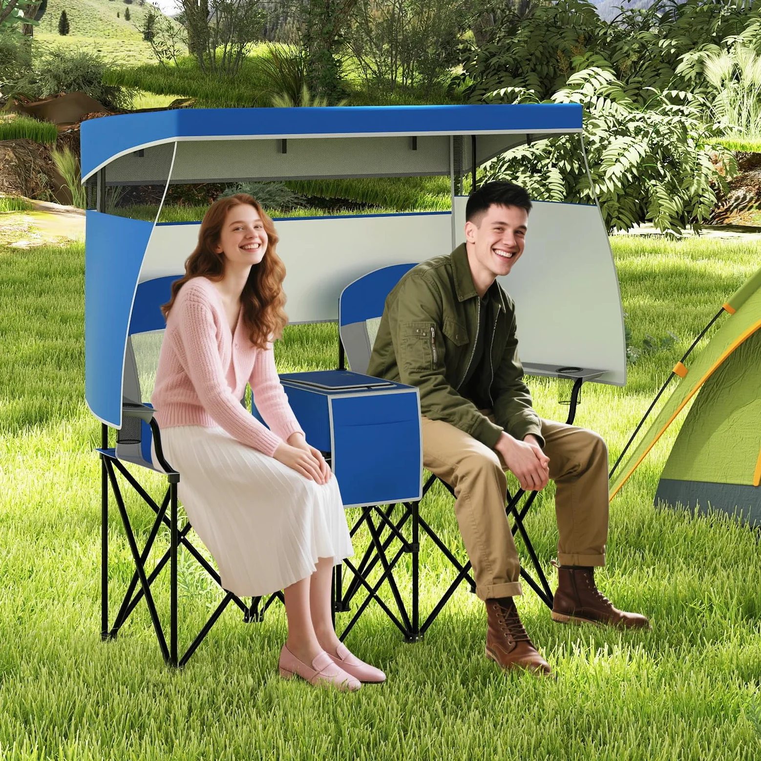GOPLUS Silla de Playa con Dosel Ajustable, Silla Plegable de Camping Sobredimensionada con Sombra Enrollable, Bolsa Enfriadora, Portavasos, Bolsa de Transporte, para 2 Personas (Azul)