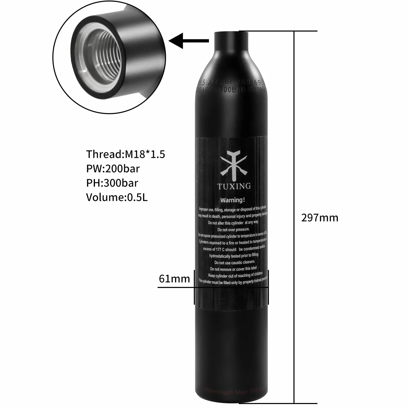 TUXING Aluminio Aire Comprimido Hpa Paintball Tanque Sistemas de Aire, Paintball Tanque de Aire 0.5L 31Ci Capacidad, Cilindro de Buceo Botella de Aire de Alta Presión para Paintball (M18*1.5)