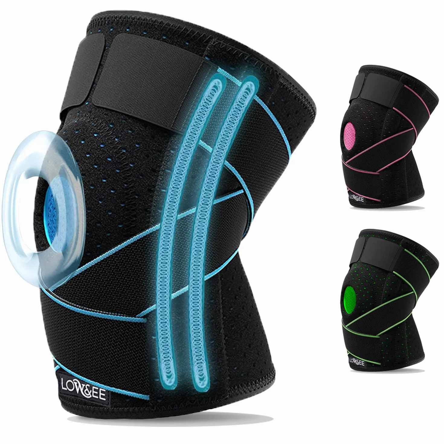 Rodilleras Deportivas Ajustables LOW&EE® Menisco y Ligamento Neopreno con Silicona Negro Azul