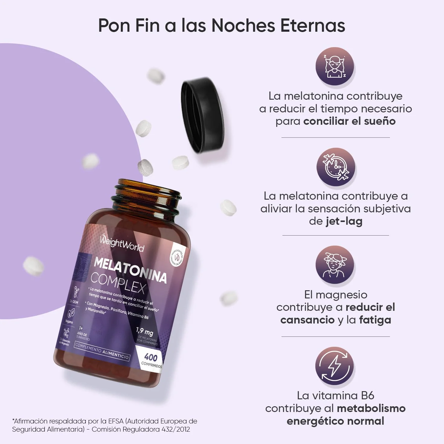 Melatonina 1,9 mg Complex con Magnesio, Vitamina B6, Pasiflora y Manzanilla 400 Comprimidos Liberación Prolongada Sin Gluten Vegano