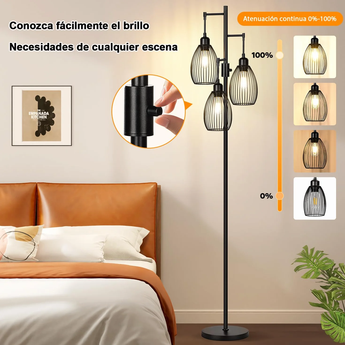 Lámpara de pie regulable Nintiue, 3 bombillas LED 800 lm, jaula lágrima, industrial granja, salón dormitorio oficina