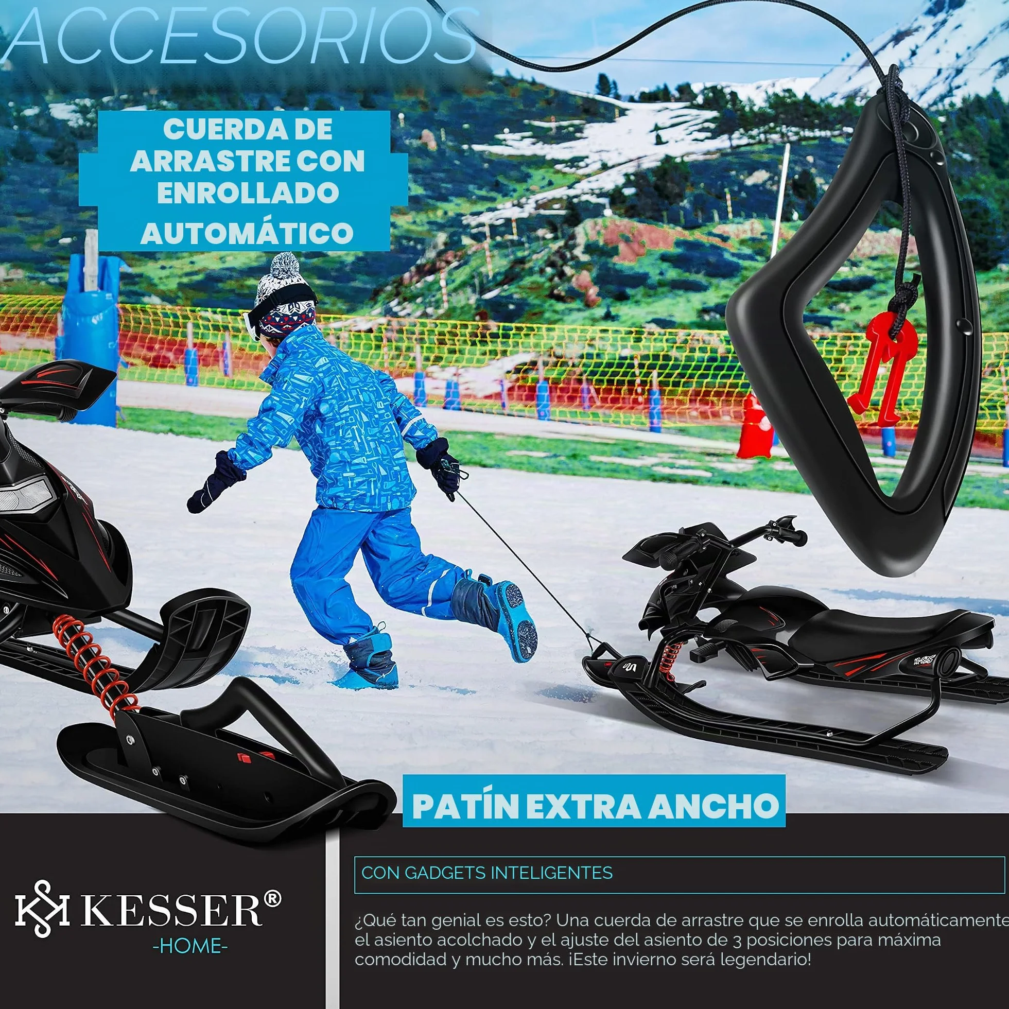 KESSER® Trineo de dirección con 2 Frenos de pie | Cuerda de tracción automática | Suspensión | Dirección de Deslizamiento | Bobsleigh Trineo Infantil Trineo | Trineo Skiboblenk