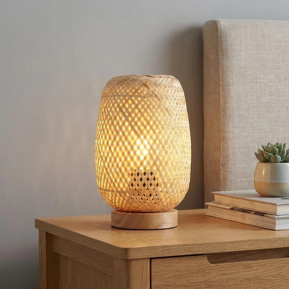 Lámpara de Mesa Mimbre Madera Ruka Barcelona LED E27 Estilo Rústico Boho Natural