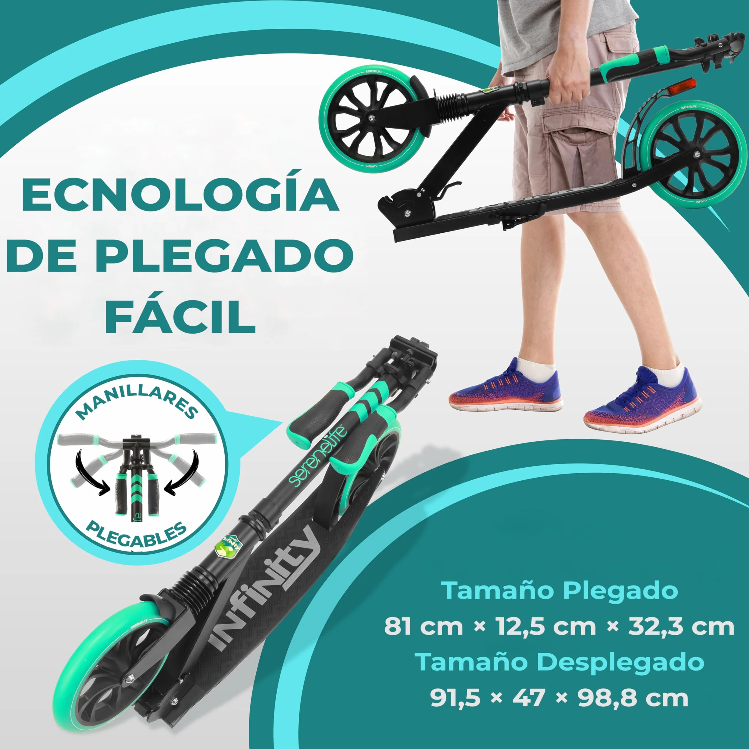 SereneLife Patinete Plegable Ajustable con Luces Freno Manillar Dos Ruedas