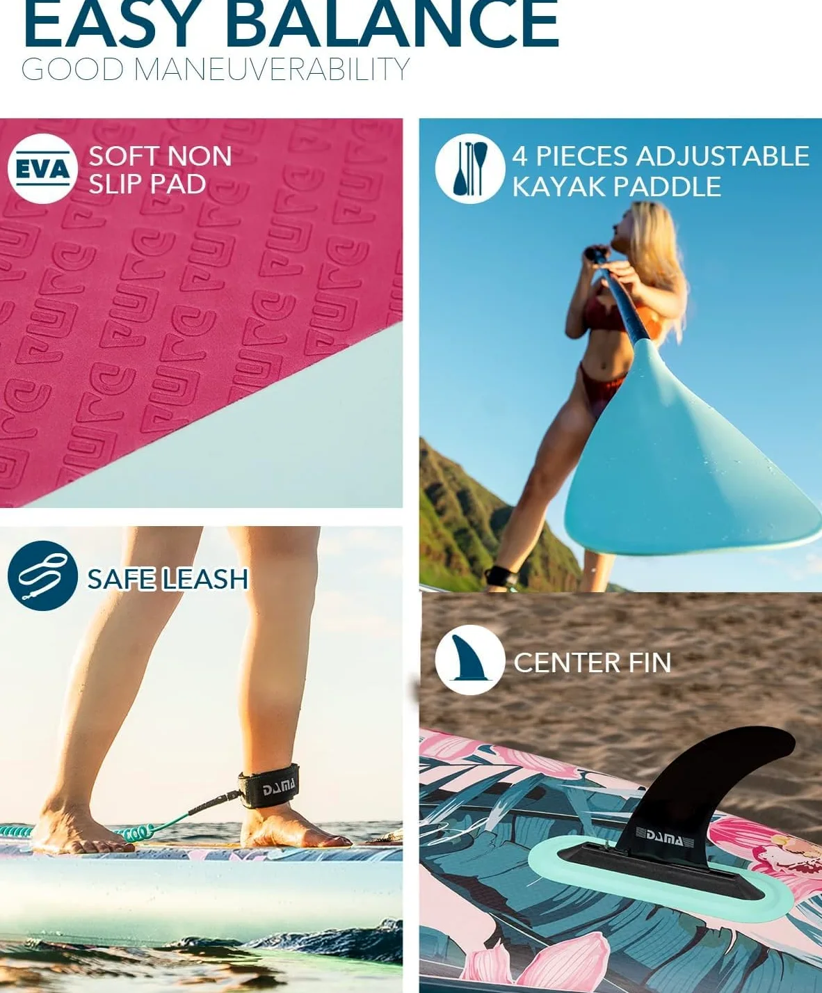 DAMA Light Flower Tabla de Paddle Surf Hinchable, Sup Paddle Board Inflable 320 x 81 x 15 cm, Antideslizante, hasta 145 kg, Remo Doble, Bomba, Mochila, Correa de Seguridad y Bolsa Estanca 5 L