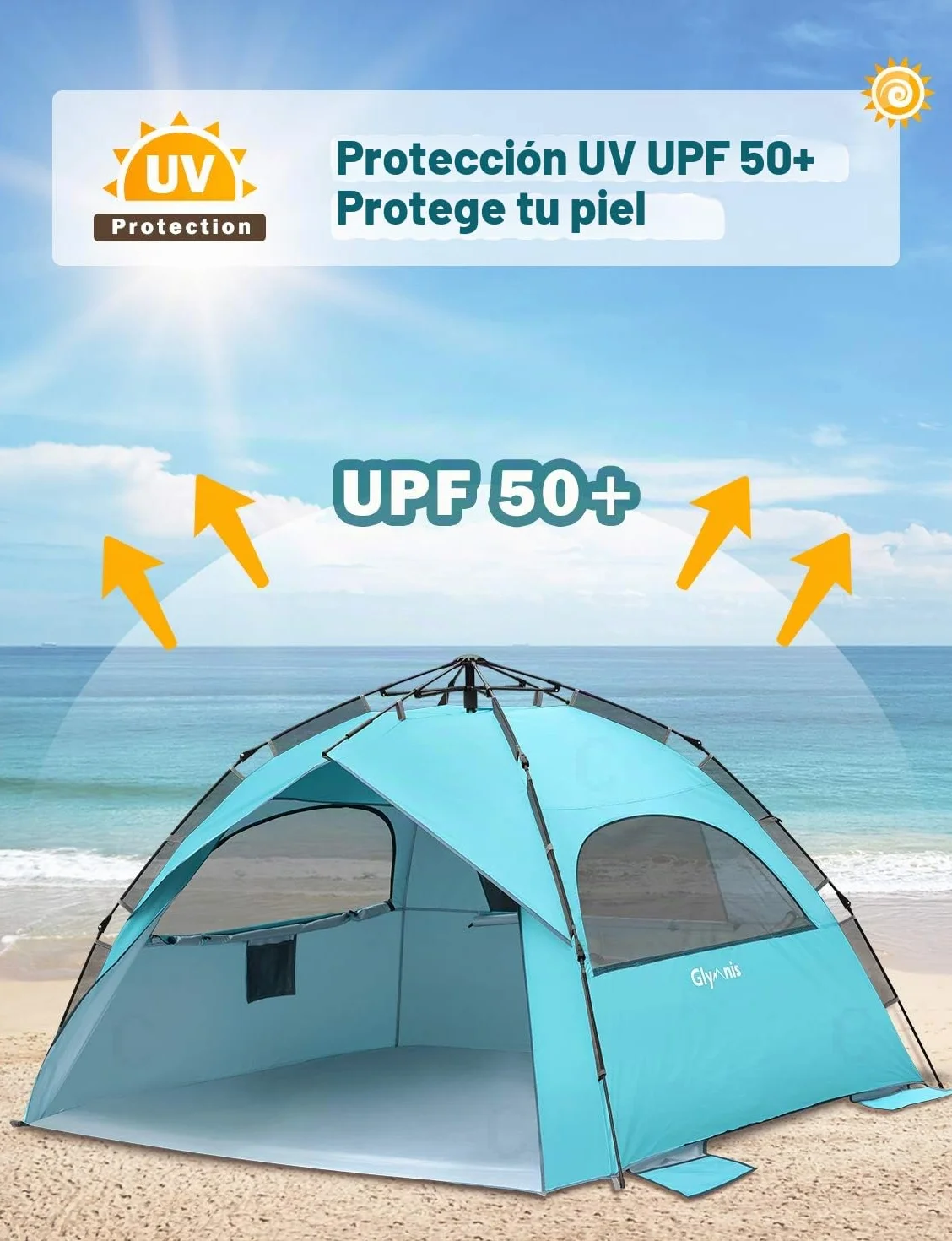 Glymnis Carpa Hidráulica Automática Playa 4-6 Personas Protección Solar UPF 50+