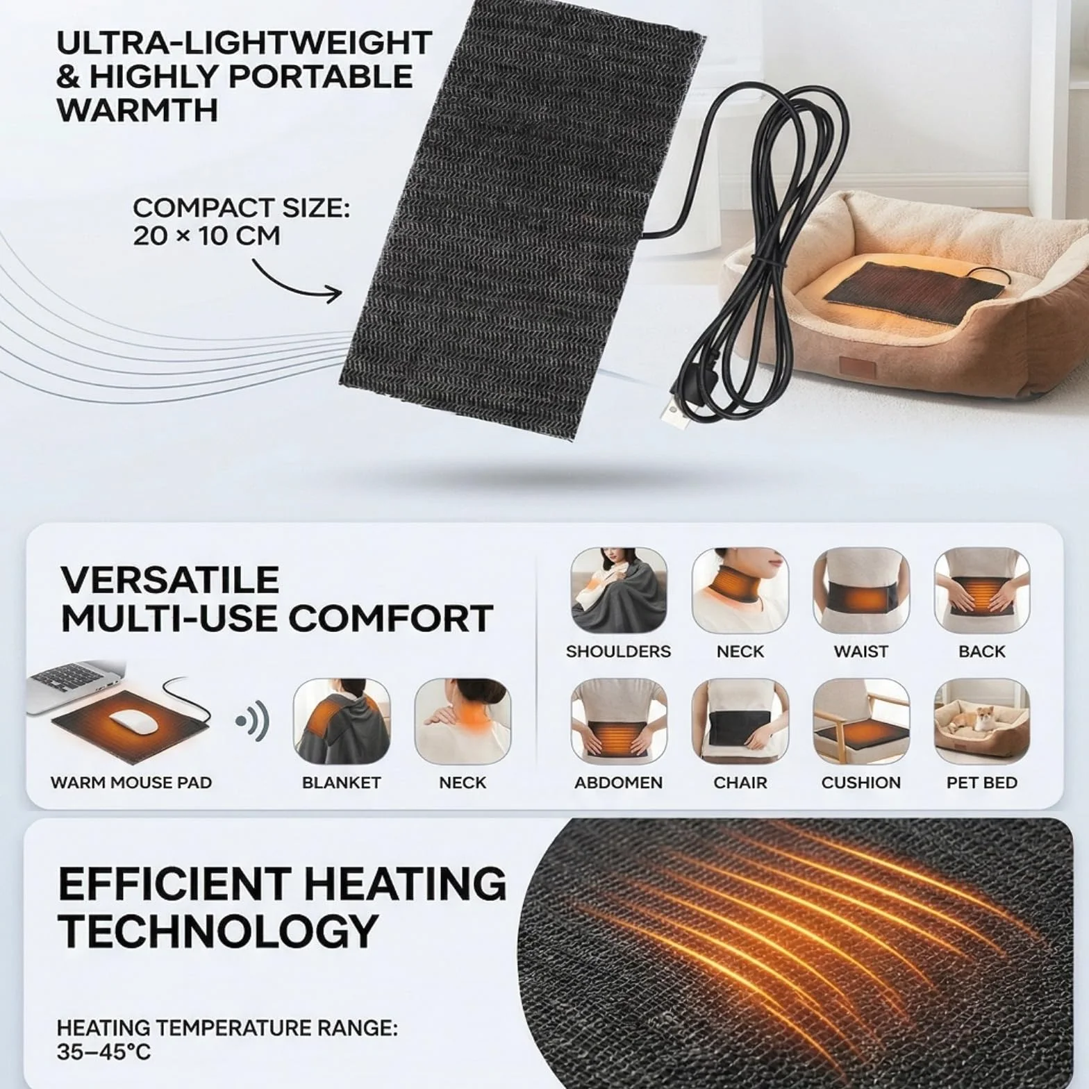 Hilitand Almohadilla eléctrica 5V USB Calentador para Mascotas 35-45°C 7.87x3.94 Pulgadas Negro