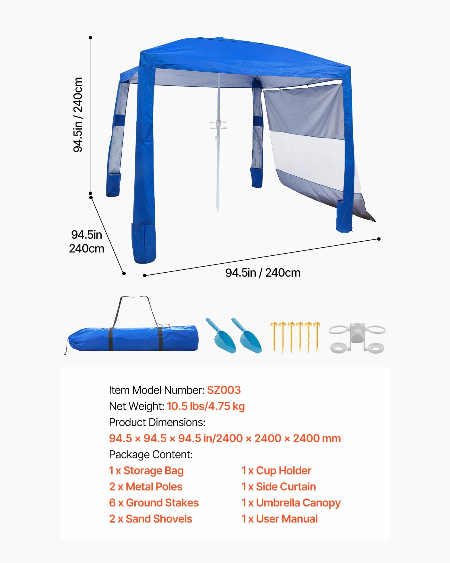 VEVOR Cabaña de Playa 2,4 x 2,4 m UPF 50+ Protección Solar con Pared Lateral Portátil