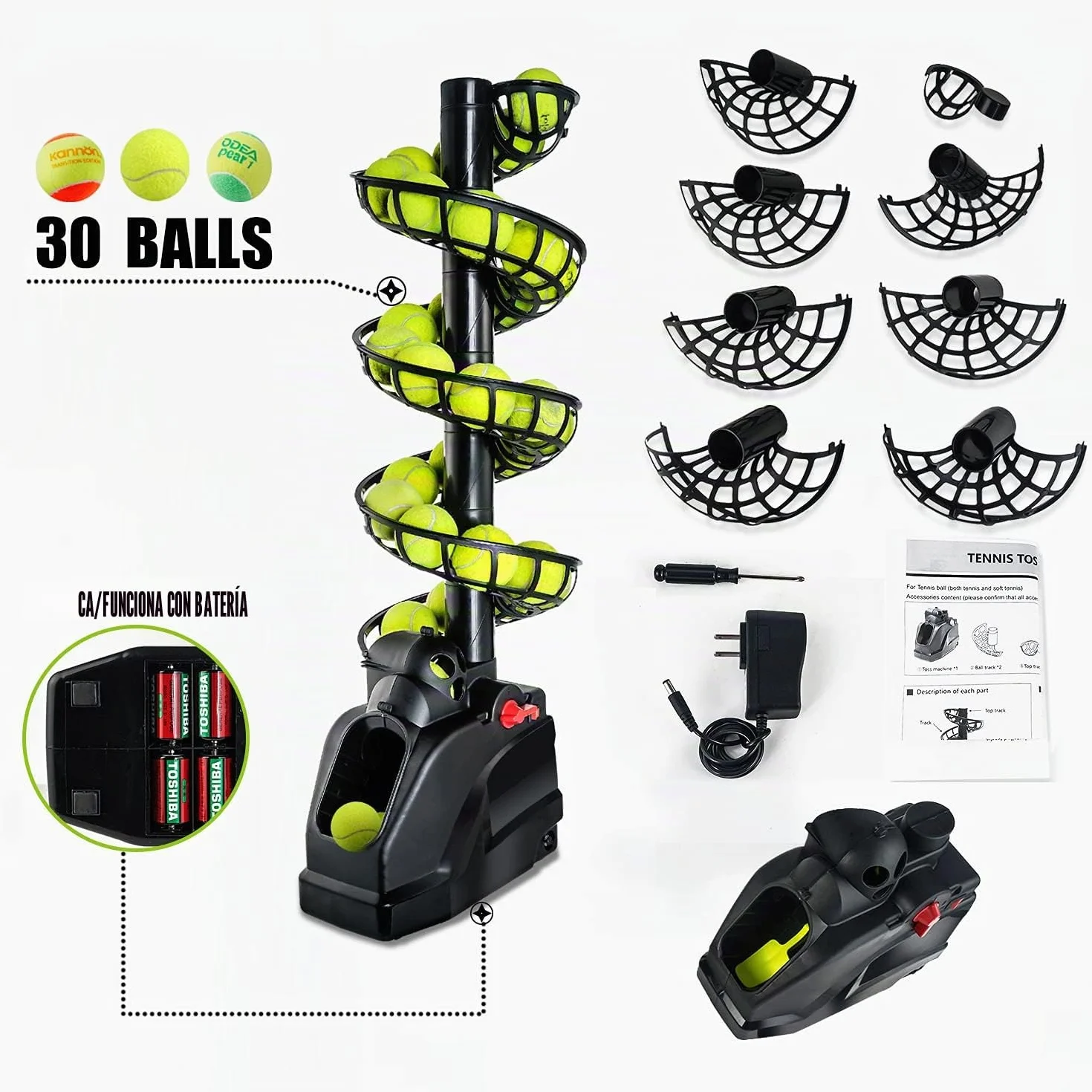 Máquina De Tenis (hasta30 Bolas)Entrenamiento de Tenis para principiantes/niños/entrenadores, cualquier nivel y edad, portátil para uso seguro en el hogar/cancha de tenis, AC&batería&Cable USB