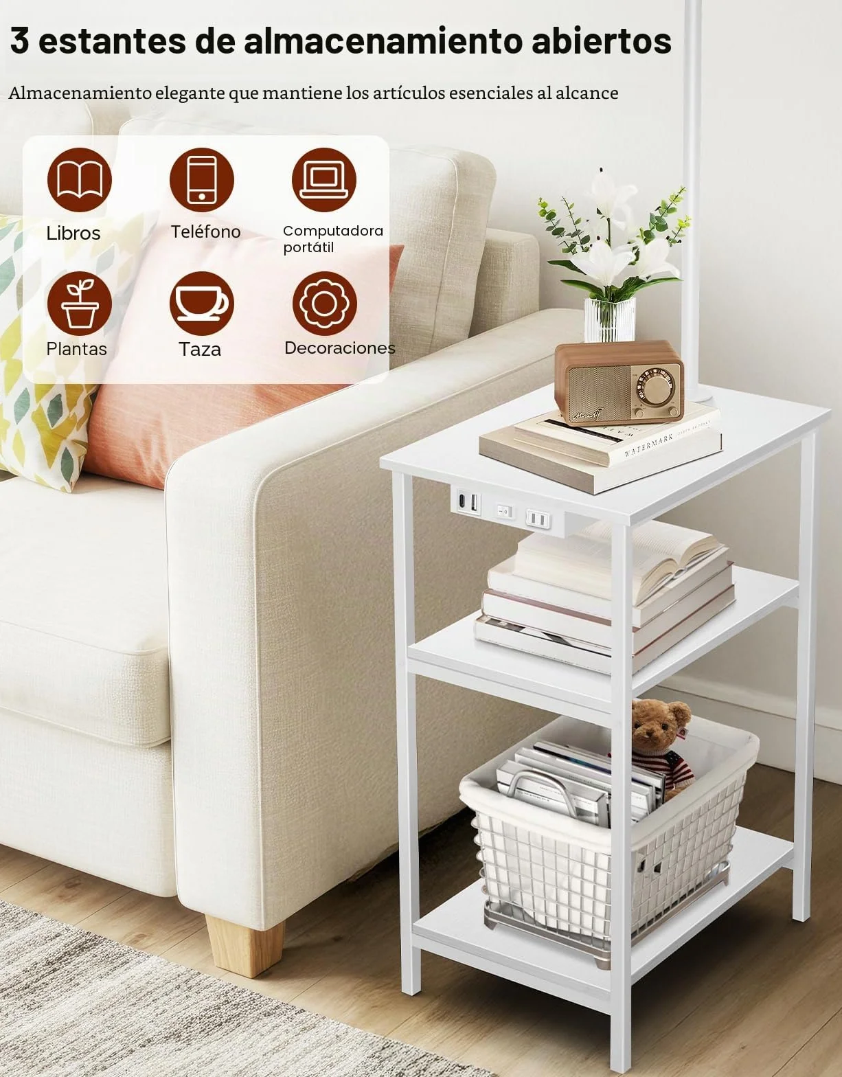 Lámpara de Pie LED Regulable con Mando, 3 Temperaturas, Mesa Auxiliar con Carga USB y Estante para Salón