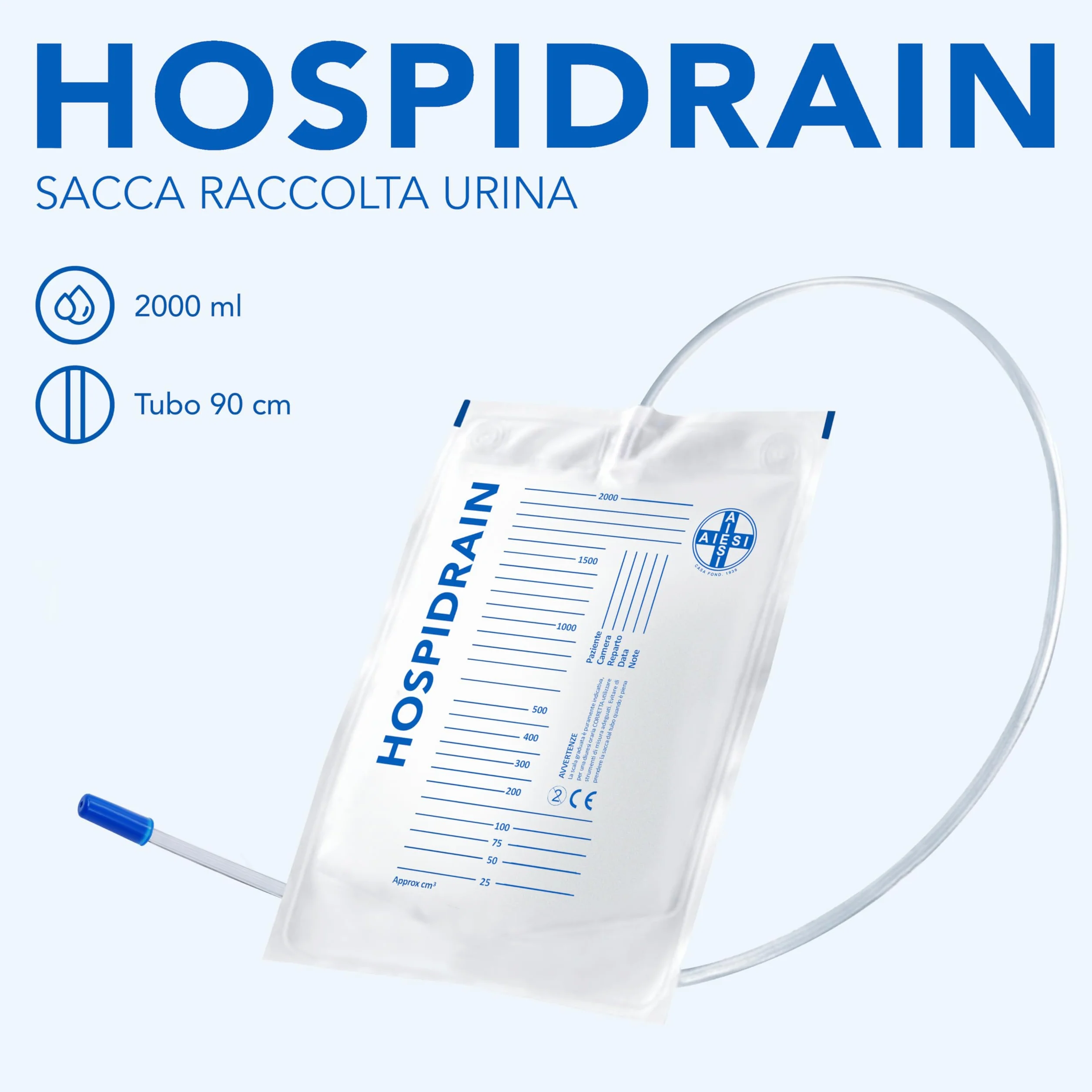 Bolsas de orina de 2 litros tubo 90 cm sin grifo de descarga HOSPIDRAIN Paquete de 25