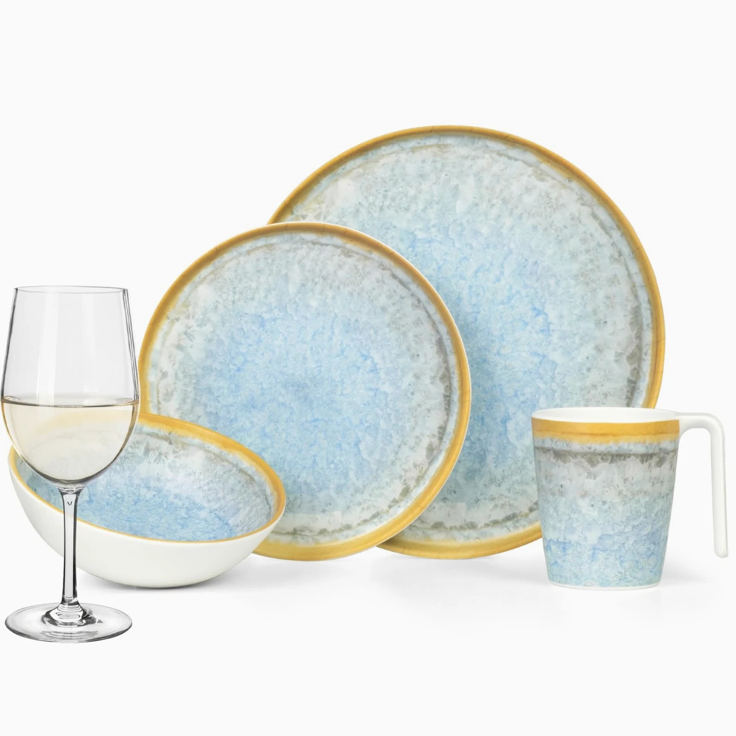 Vajilla de melamina para camping, 4 personas, color azul cristal + 4 copas de vino blanco Tiamo vajilla de mesa de picnic barbacoa