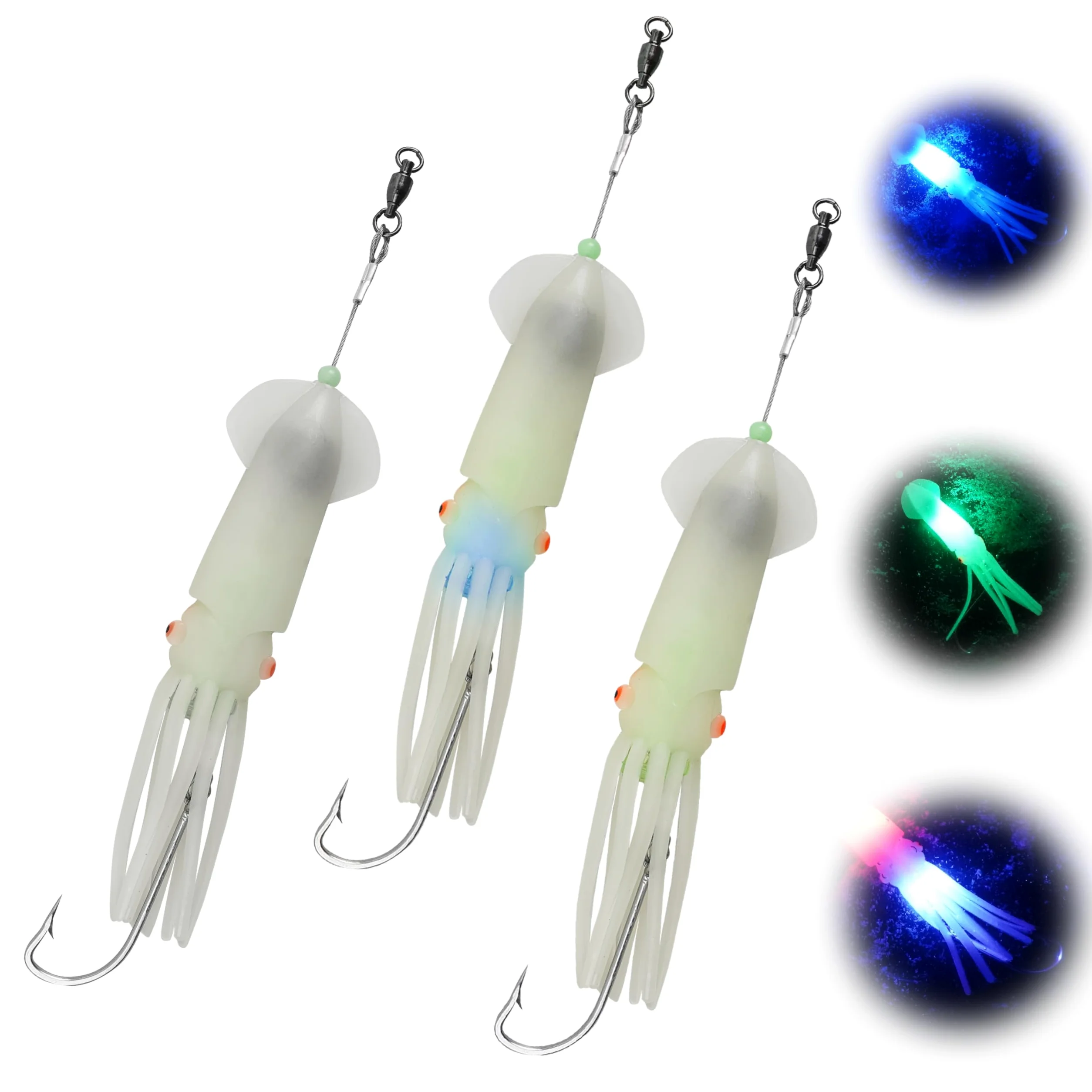 Señuelos de pesca de calamar de agua salada de 8 pulgadas, señuelos LED brillantes con 6/0 ganchos, luces de caída profunda, aparejo de halibut para atún, almizcle, caballa, salmón, surf, pesca en