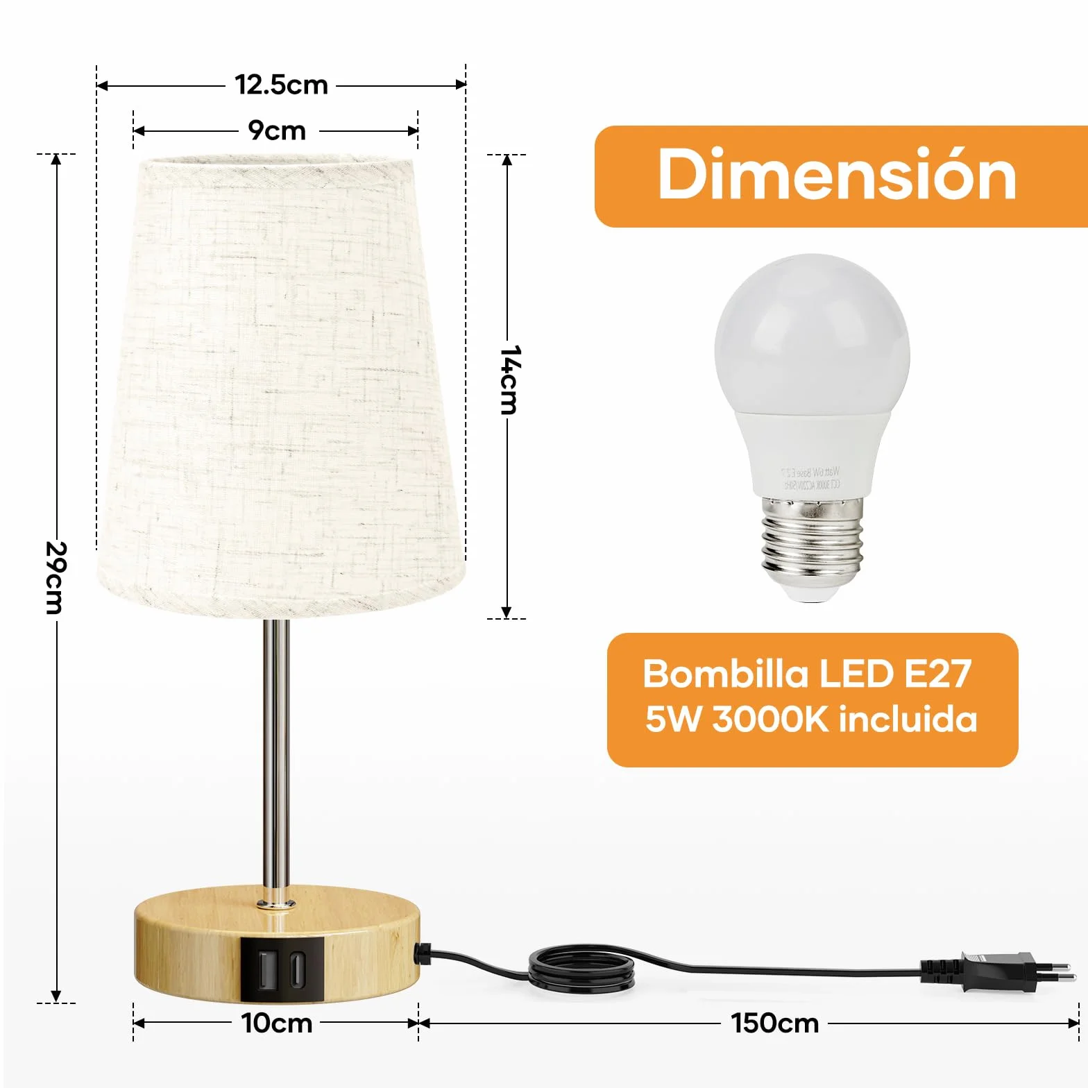 Suright Lámpara de Mesita de Noche Táctil con USB A+C, Regulable 3 Niveles Brillo, Pequeña para Dormitorio