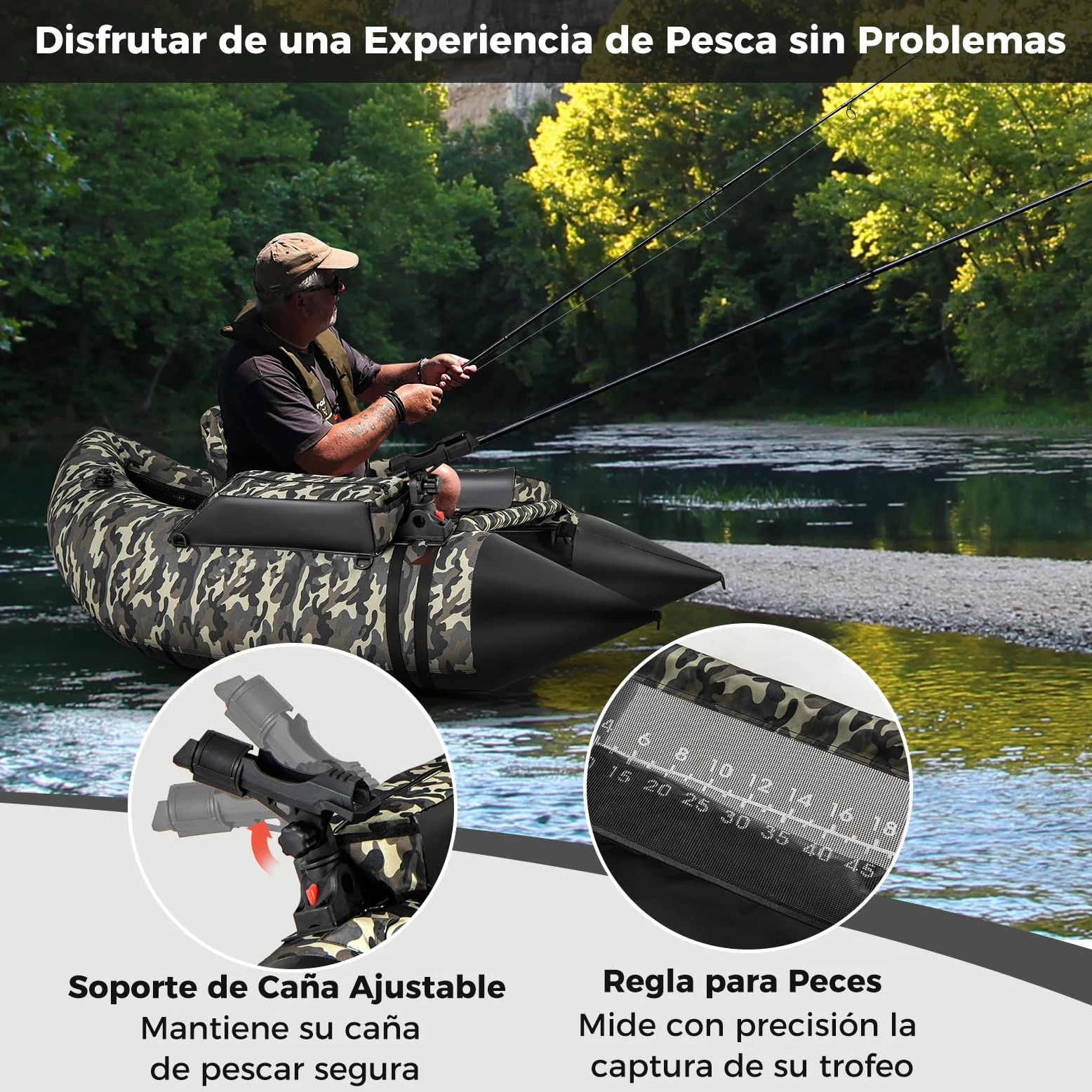 COSTWAY Barco de Pesca Inflable, Kayak Hinchable con 2 Aletas, Bomba Manual, Regla para Peces, Soporte para Caña, Bolsillos, Respaldo Ajustable y Correas, Bote Portátil para Adultos, Camuflaje
