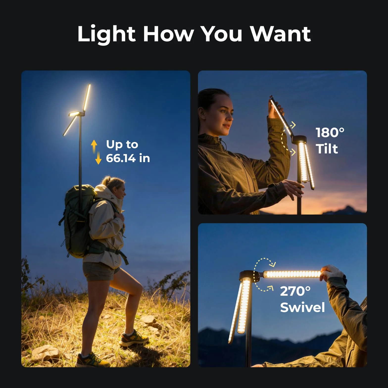 BougeRV T1 - Lámpara de camping recargable (15600 mAh, 3000 LM, linterna telescópica 1,68 m, altura y ángulo ajustables, carga rápida 2,5 h, impermeable IPX5, iluminación para camping, astillero