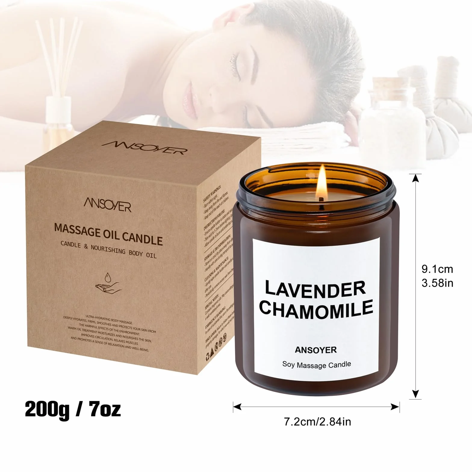 ANSOYER Vela de Masaje 200g Hidratante Nutritiva Spa Aromaterapia Relajación Lavanda Manzanilla
