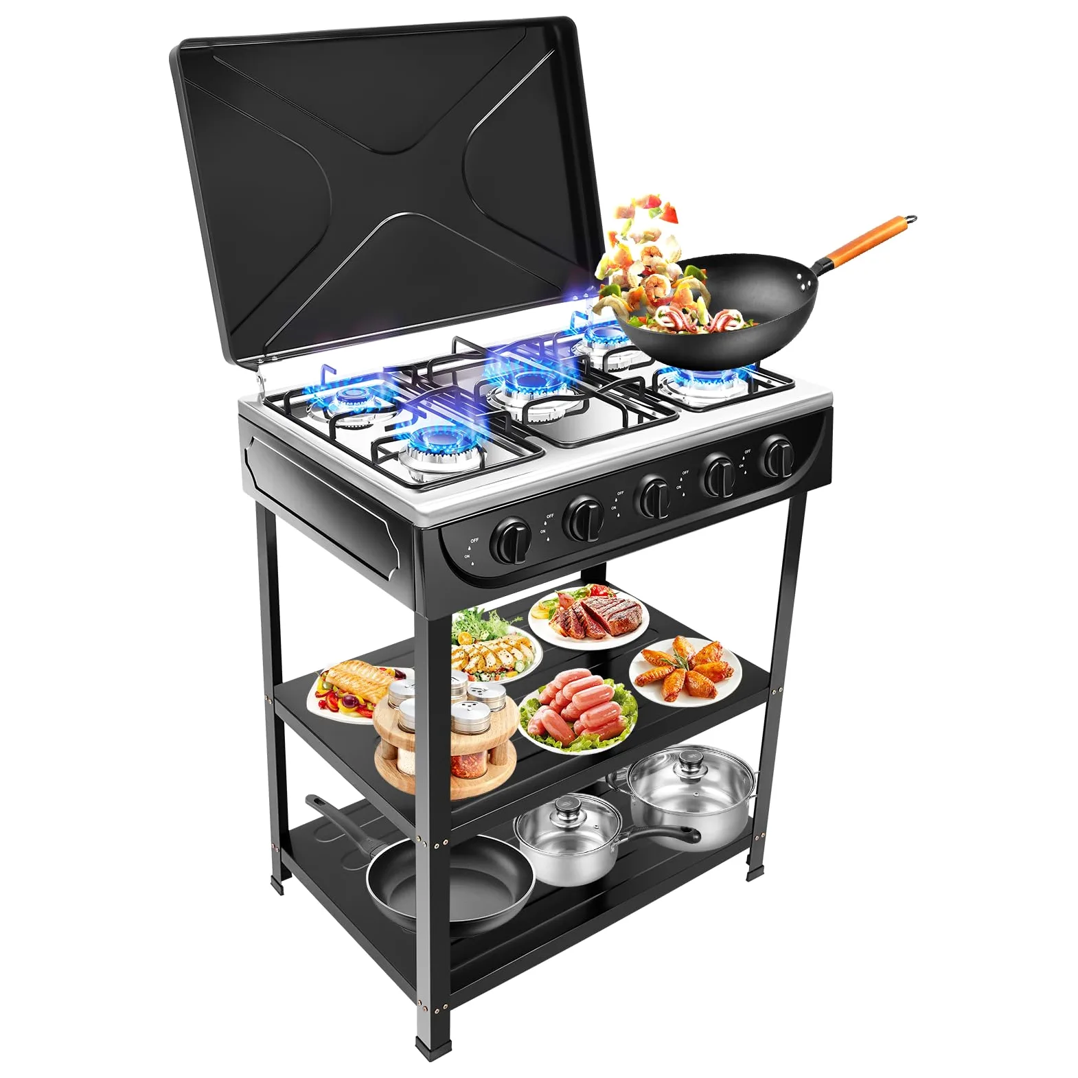 Estufa de gas independiente, quemador para cocinar al aire libre 5 quemadores portátil camping cocina de gas control independiente quemador de propano 2,5 Kw negro