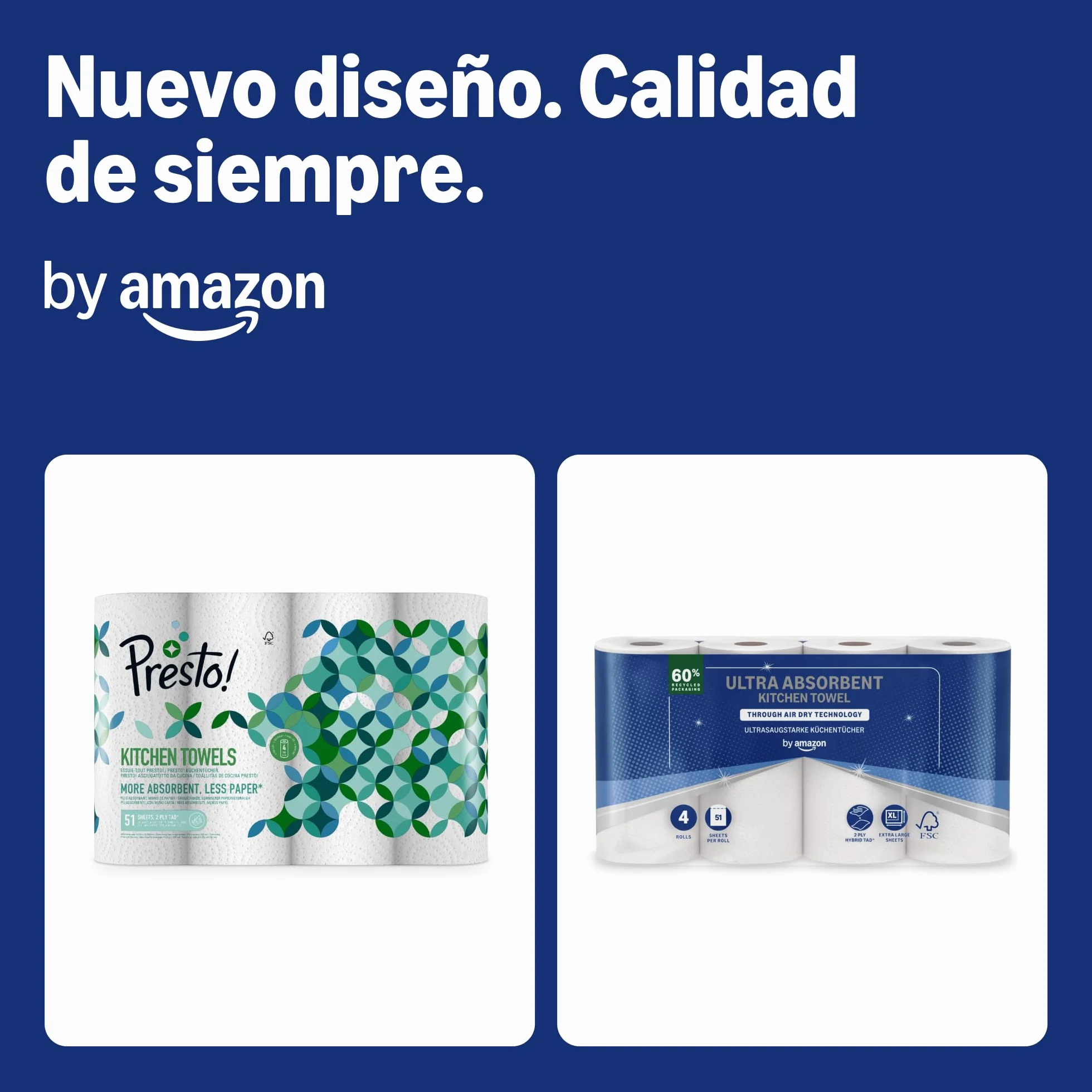 by Amazon rollo de cocina TAD ultra absorbente, 32 rollos, 51 hojas, certificado FSC