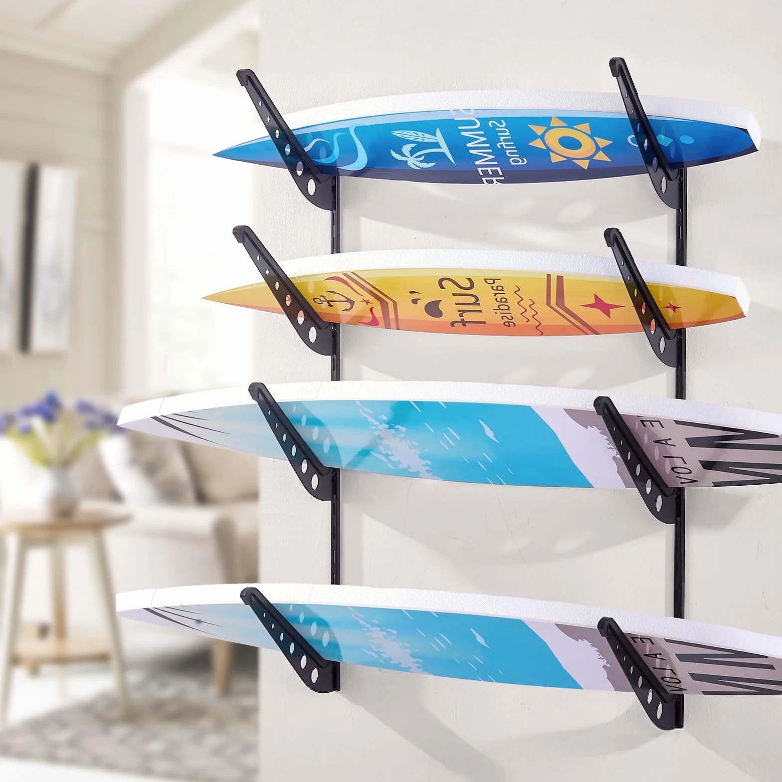 VEVOR Soporte de Pared para Tablas de Surf, Soporte Horizontal para Tablas de Surf de 4 Niveles para Almacenamiento y Exhibición, Organizador Ajustable para Kiteboards, Esquís y Snowboards, Negro
