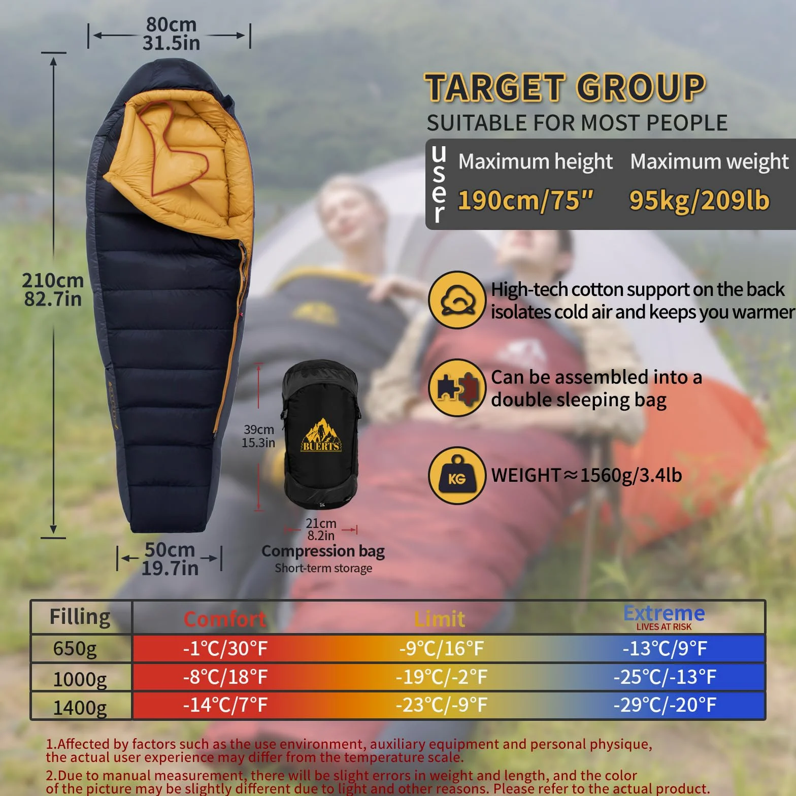 Saco de Dormir de plumón para Adultos, Clima frío, Paquete pequeño, fácil de Llevar, 680 FP. Saco de Dormir para Camping, Senderismo, montañismo