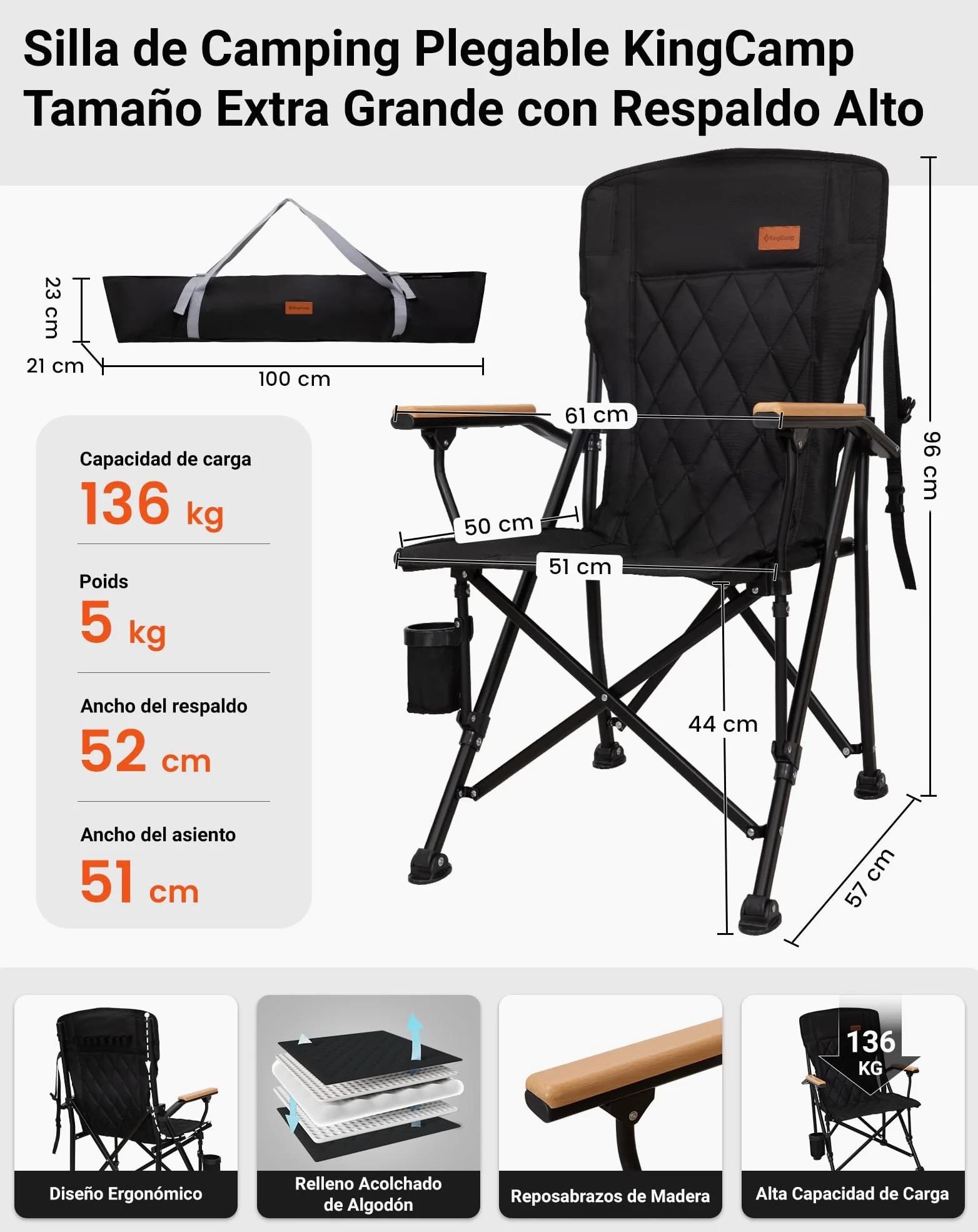 KingCamp Silla de Camping Plegable 136kg, Respaldo Alto, Acolchada | XXL Silla Plegable, con Brazos de Madera, Doble Acolchado, Portavasos, Bolsa de Transporte, para Camping, Jardín y Pesca.