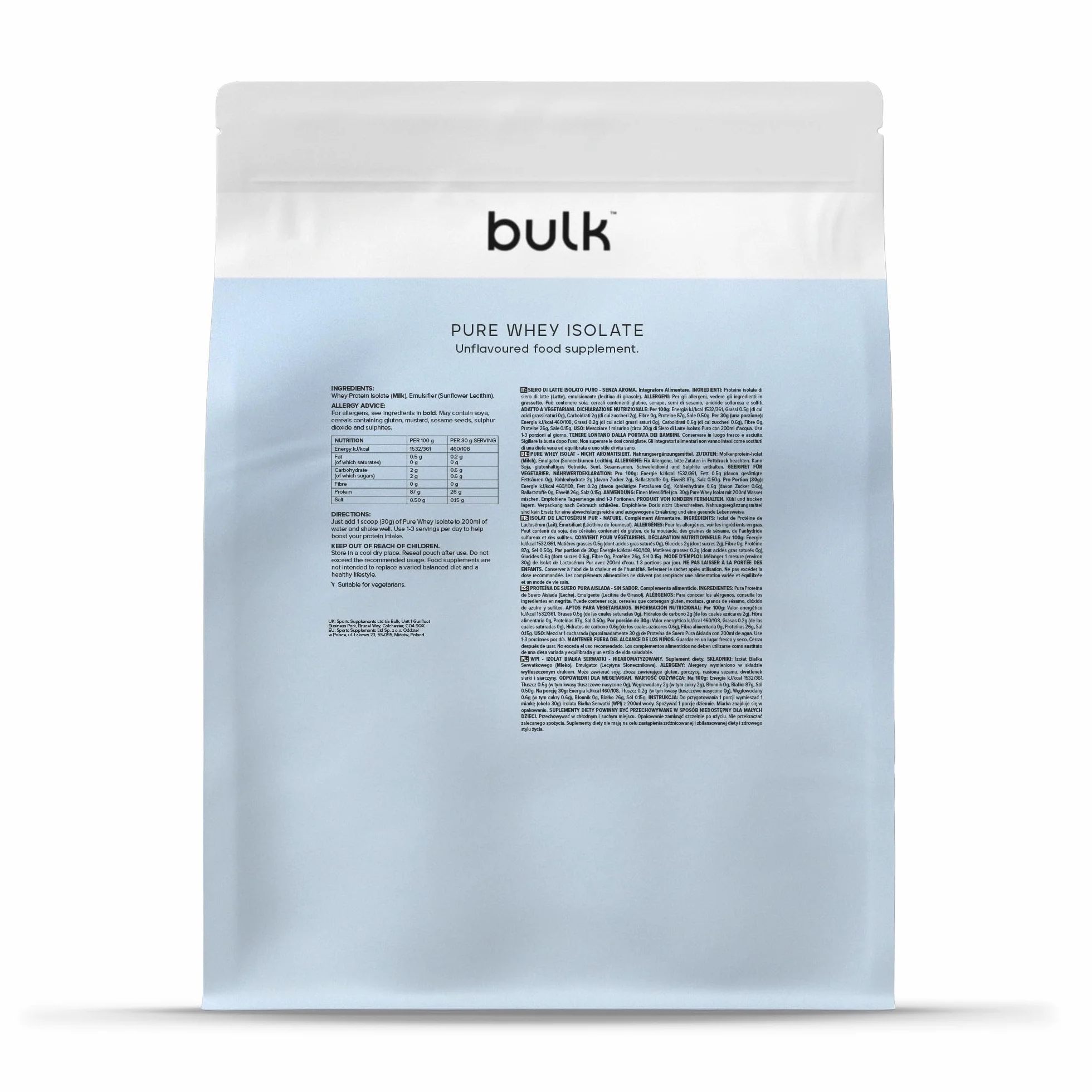 Naturaleza Bulk Pure Whey Isolate 26g Proteína Aislado de Suero Bajo en Azúcar Grasa 500g